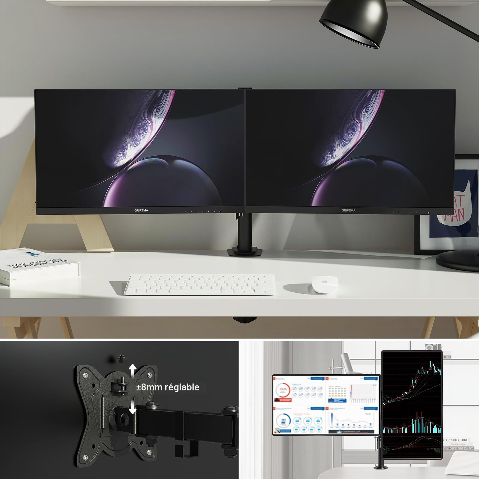 GRIFEMA Support Double Ecran PC 13-27 Pouces Bras Réglable Hauteur Inclinaison 90° Rotation 360° Poids 10KG VESA 75/100 MM Noir