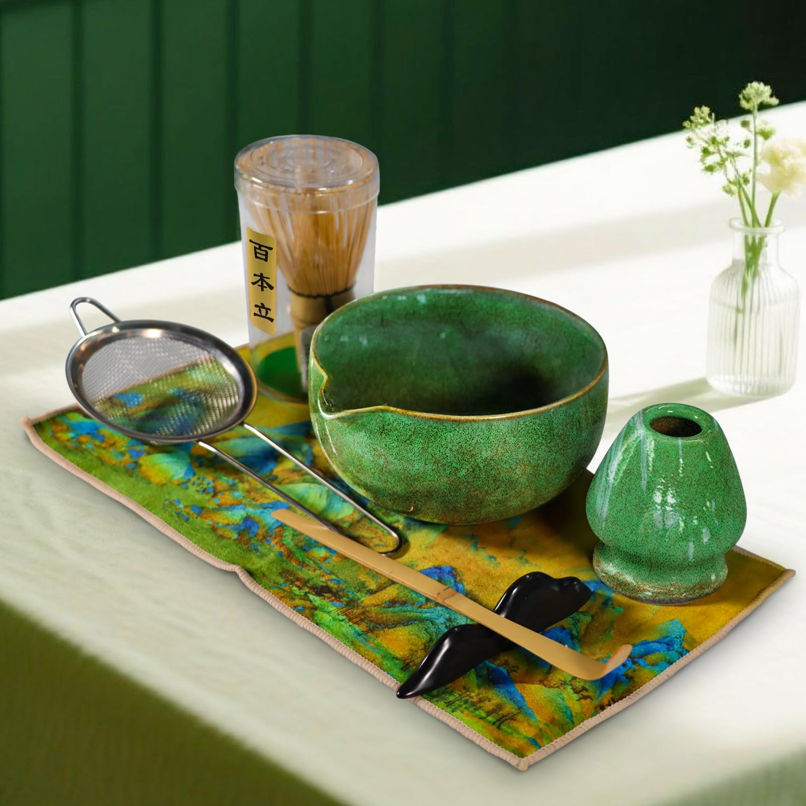 YUJUVI Matcha, Japanse theeset, 6-delig, bamboe kom, lepel, lepelhouder