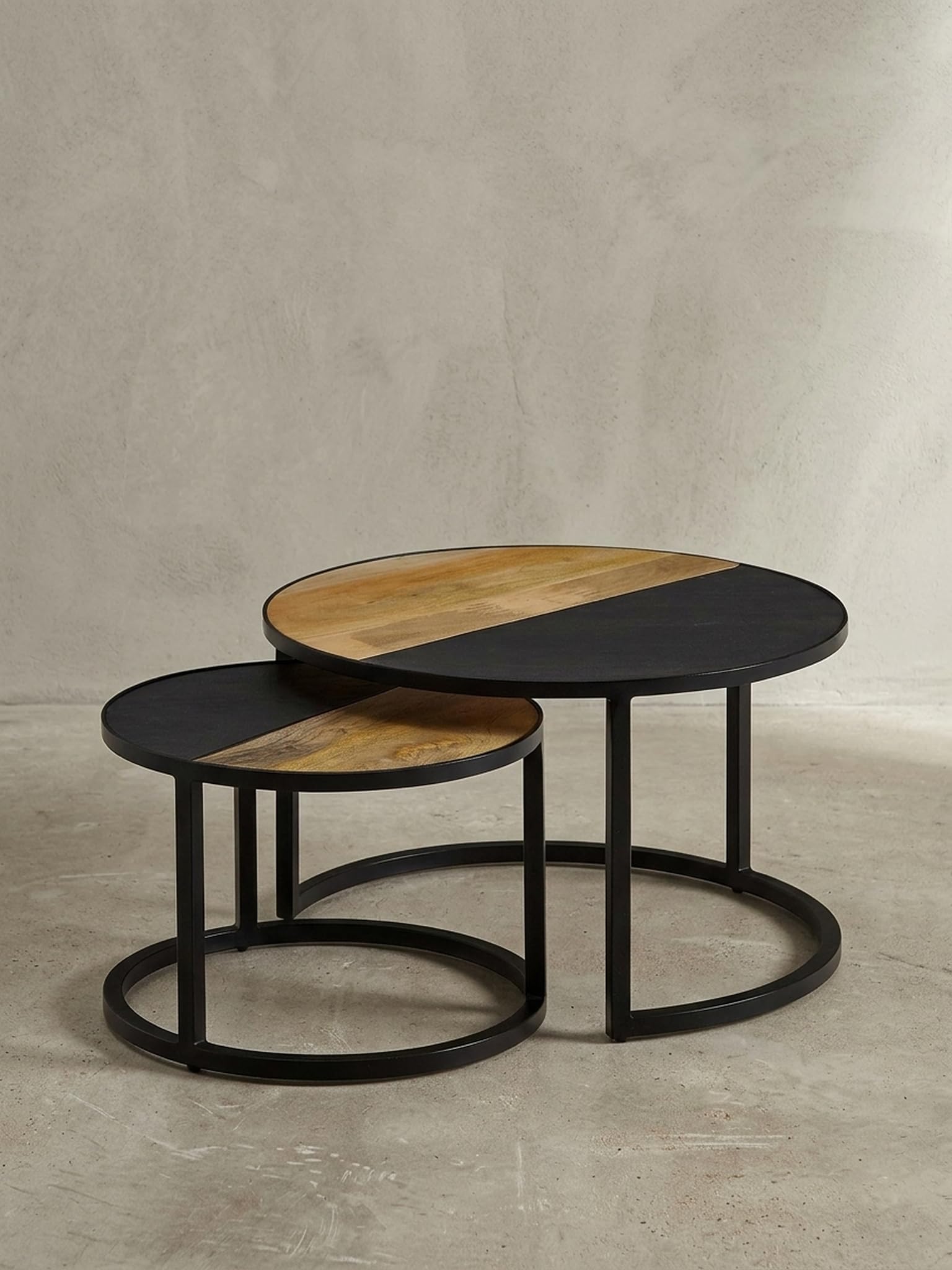 Couchtisch 2er Set Mango Massivholz/Stein Sofatisch Rund Modern