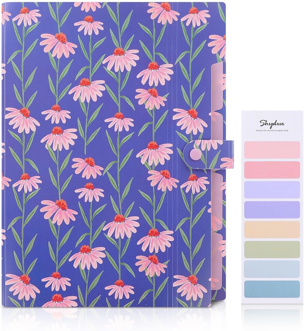 SKYDUE Accordion File Organizer, Floral Expanding File Folders with 5 Pockets, Cute Document Organizer for Paper Storage, School Office & Hospital Supplies Letter/A4 Size Periwinkle Blue - Image 2