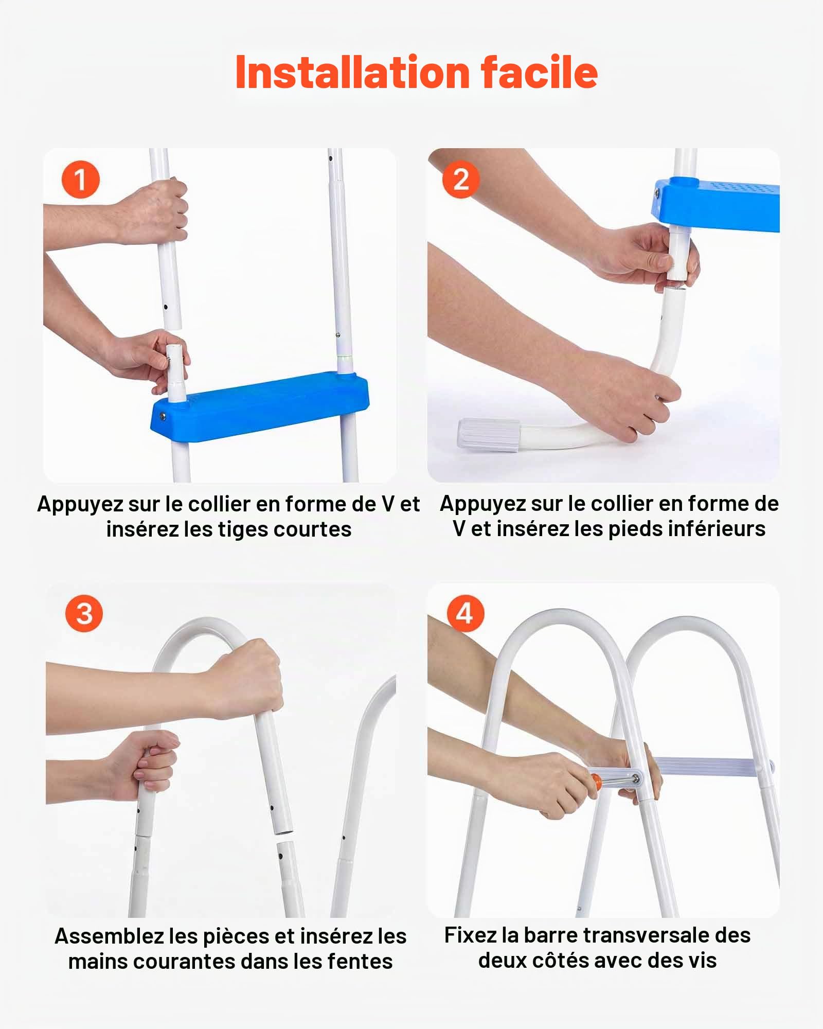 VEVOR Échelle de Piscine Hors Sol 91,4 cm Acier Carbone 3 Marches PP Antidérapantes Capacité Charge 136 kg Blanc Bleu