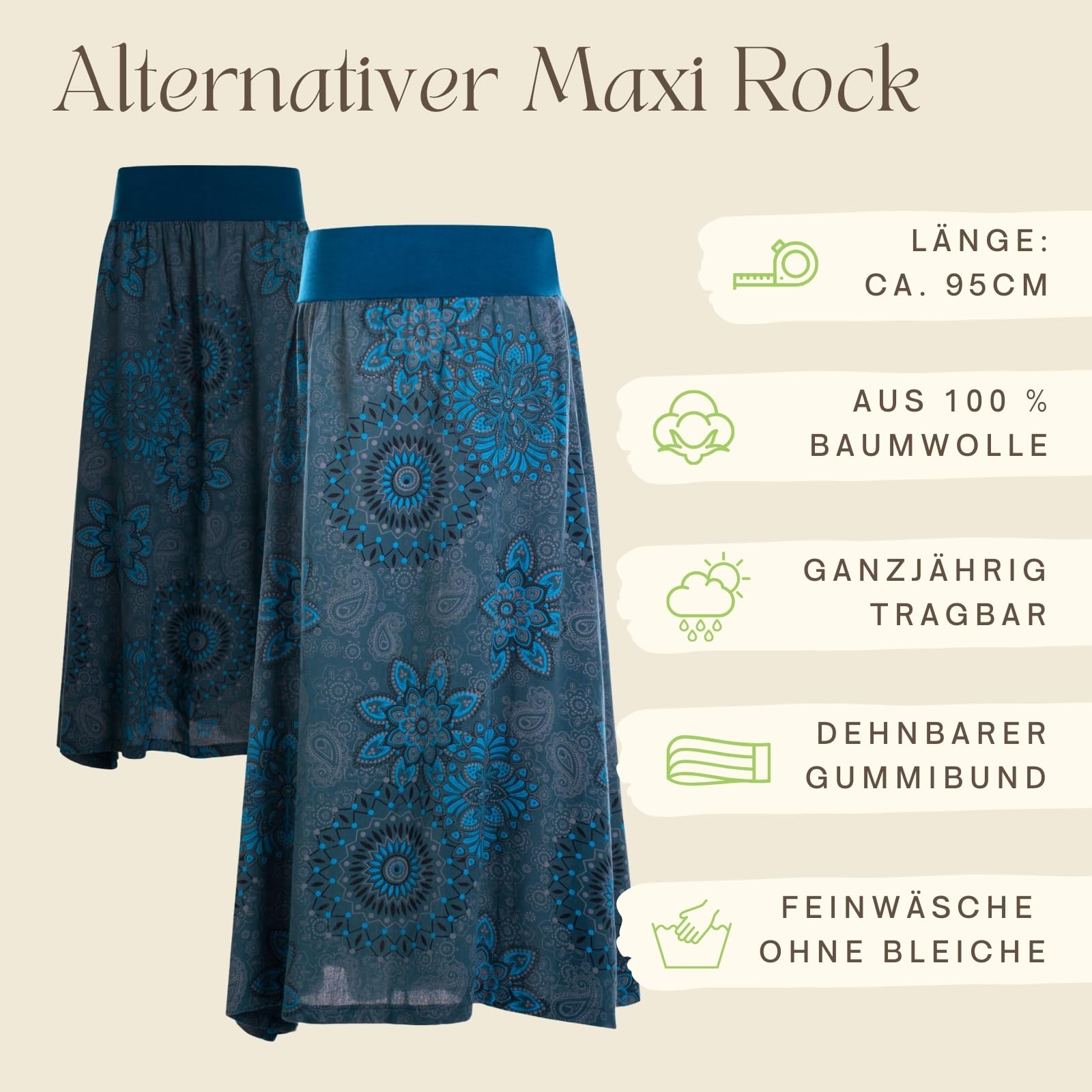 Vishes Langer Damen Herbstrock mit Mandalas I Größe 34-48 I Handgefertigt aus 100% Baumwolle I Rock mit breitem Bund I Für warme & kalte Monate I Nachhaltige Alternative Bekleidung