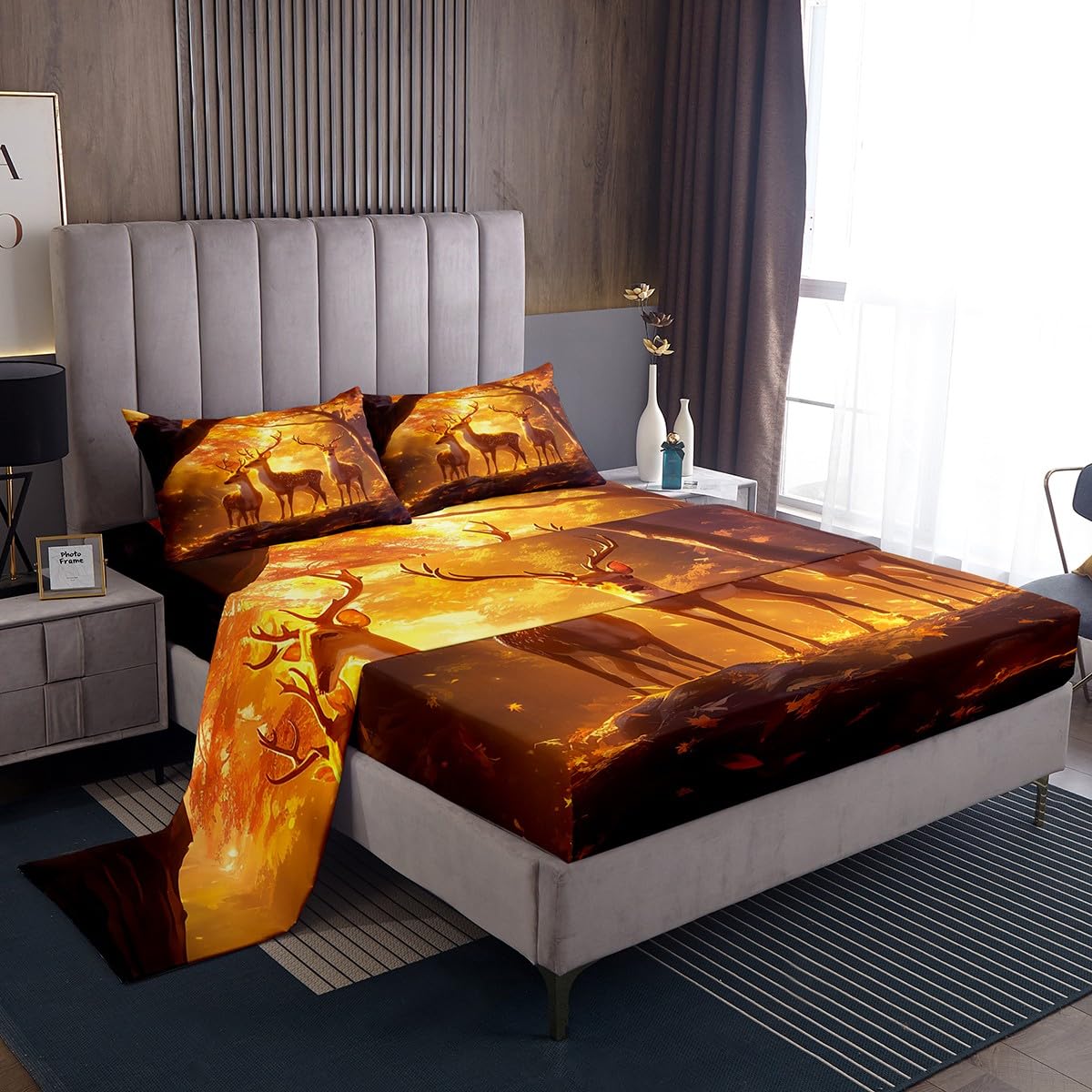Homemissing Cute Deer Bed Sheet Set Double Size For Kids Boys Girls Teens Deer Hunting Bedding Set Wild Animal Sheet with Deep Pocket Fitted Sheet+2 Pillowcases Natural Woodland Scene Sheet Set โ image 1