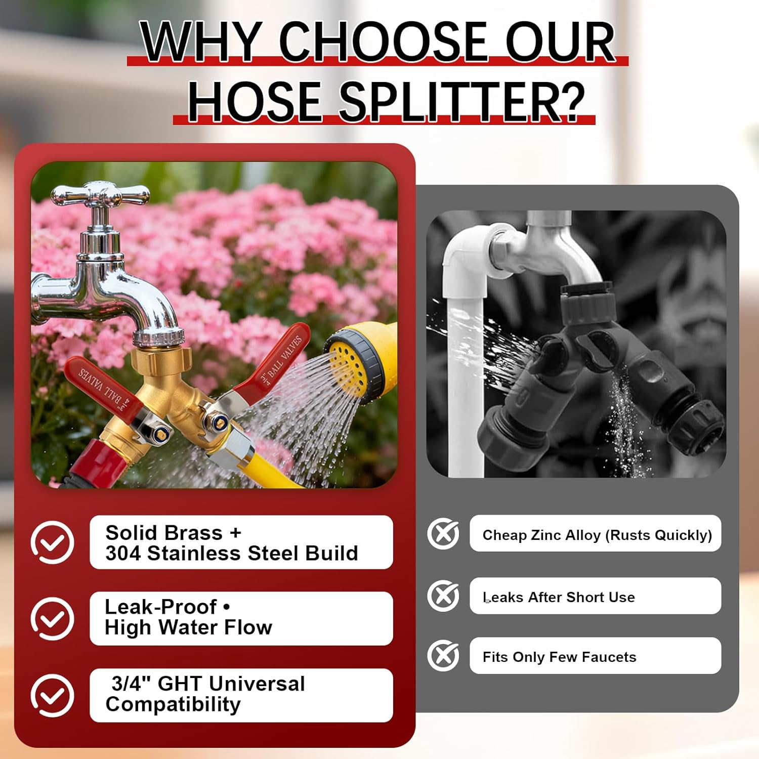 Hose Splitter 2 Way Heavy Duty - Brass Garden Hose Splitter 304 Stainless Steel Long Handles,Y Valve 3/4 Inch GHT Thread Outdoor Faucet Splitter-Full Flow Shutoff Valves 2 Washers&Teflon Tape