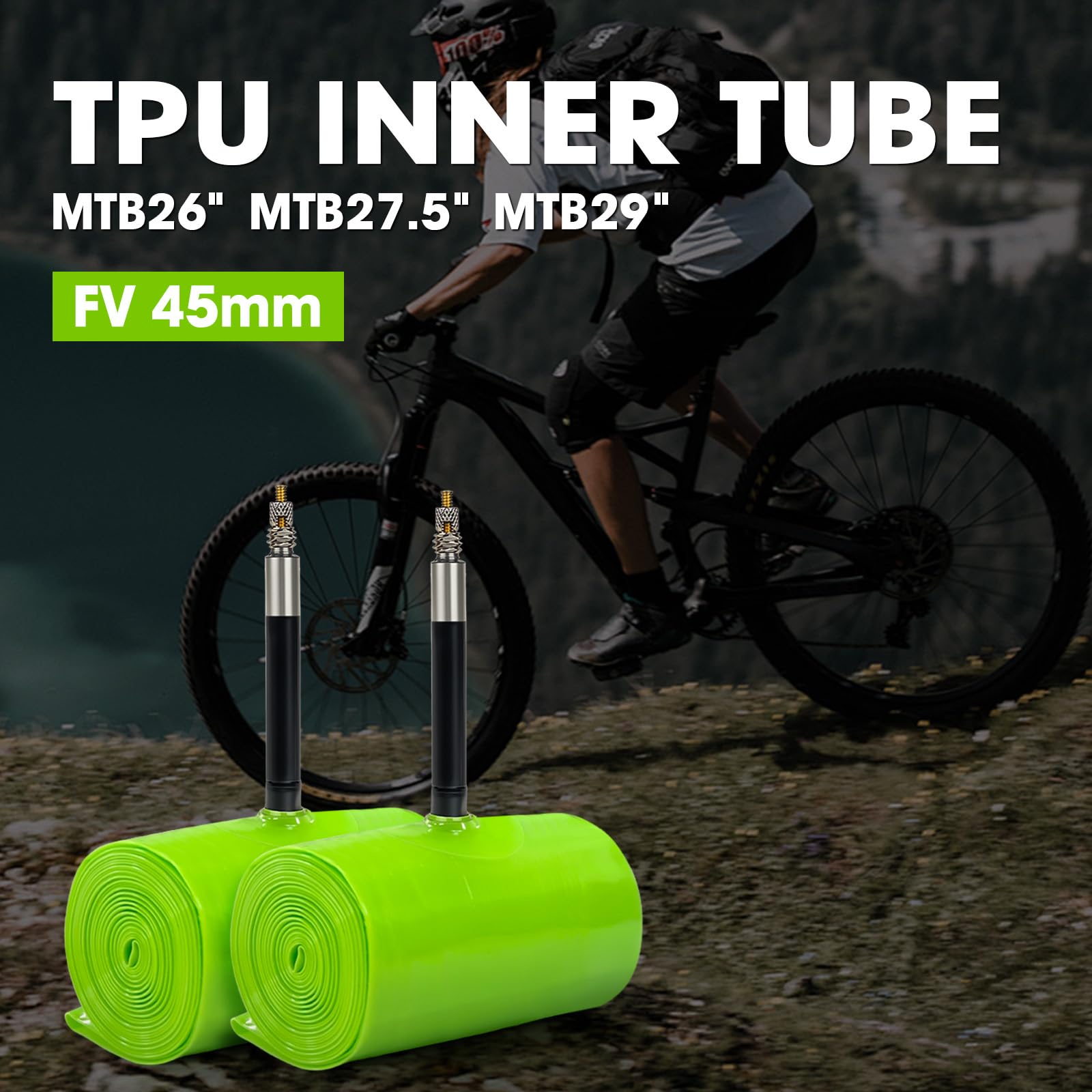CYCLAMI TPU Schlauch MTB,1or 2 Pack 63g Ultraleichter Fahrradschlauch 29 Zoll Mountainbike für 29''/27.5''/26''×1.9-2.5 mit Presta Ventil 45mm (1P-MTB 29