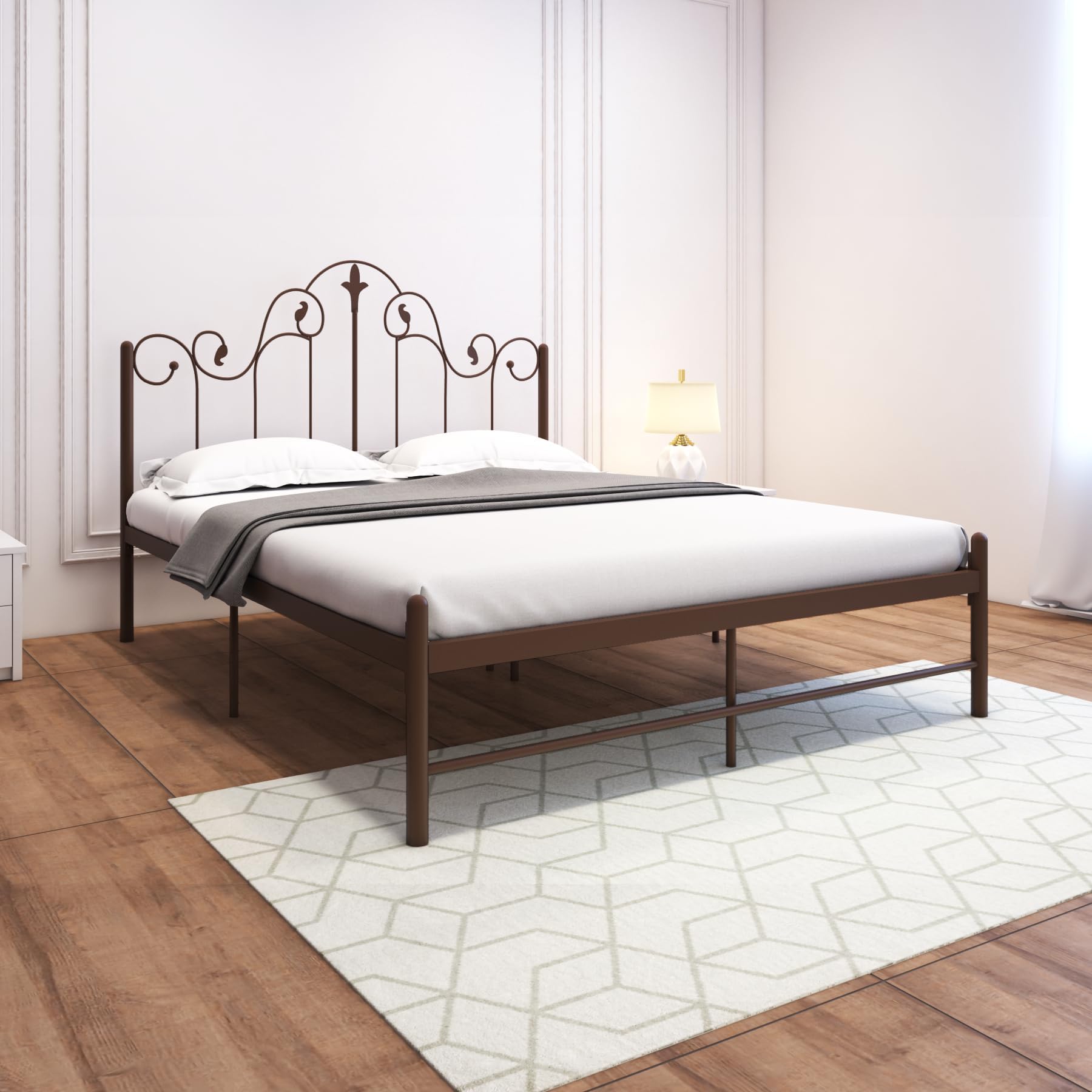 Homdec Pavo Vintage Metal Platform Bed with Headboard and Footboard, Heavy Duty Mattress Foundation – No Plywood Needed, Noise Free (Brown, Queen (U.K. Standard))
