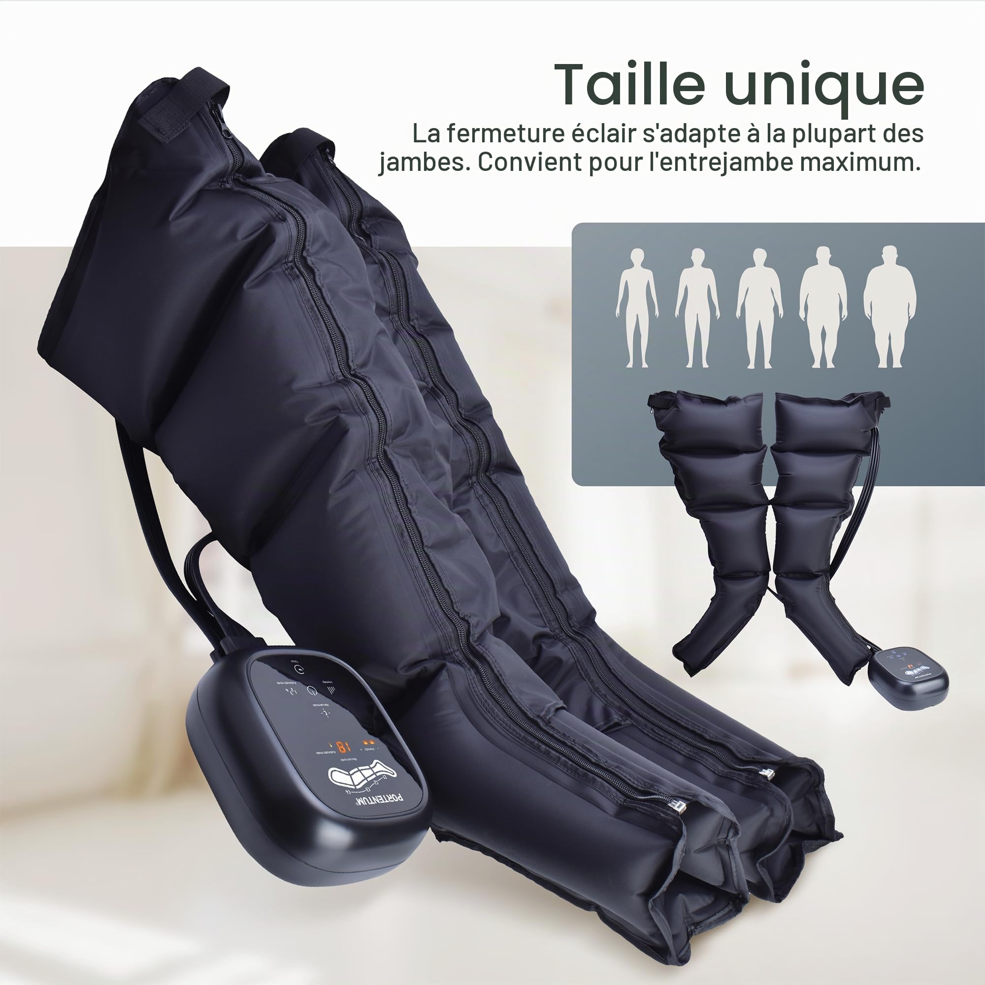PORTENTUM Bottes pressothérapie jambes sur secteur – 8 modes et 3 intensités – Télécommande avec écran LCD – Adaptateur secteur inclus – Favorise le drainage lymphatique jambes – Sac inclus