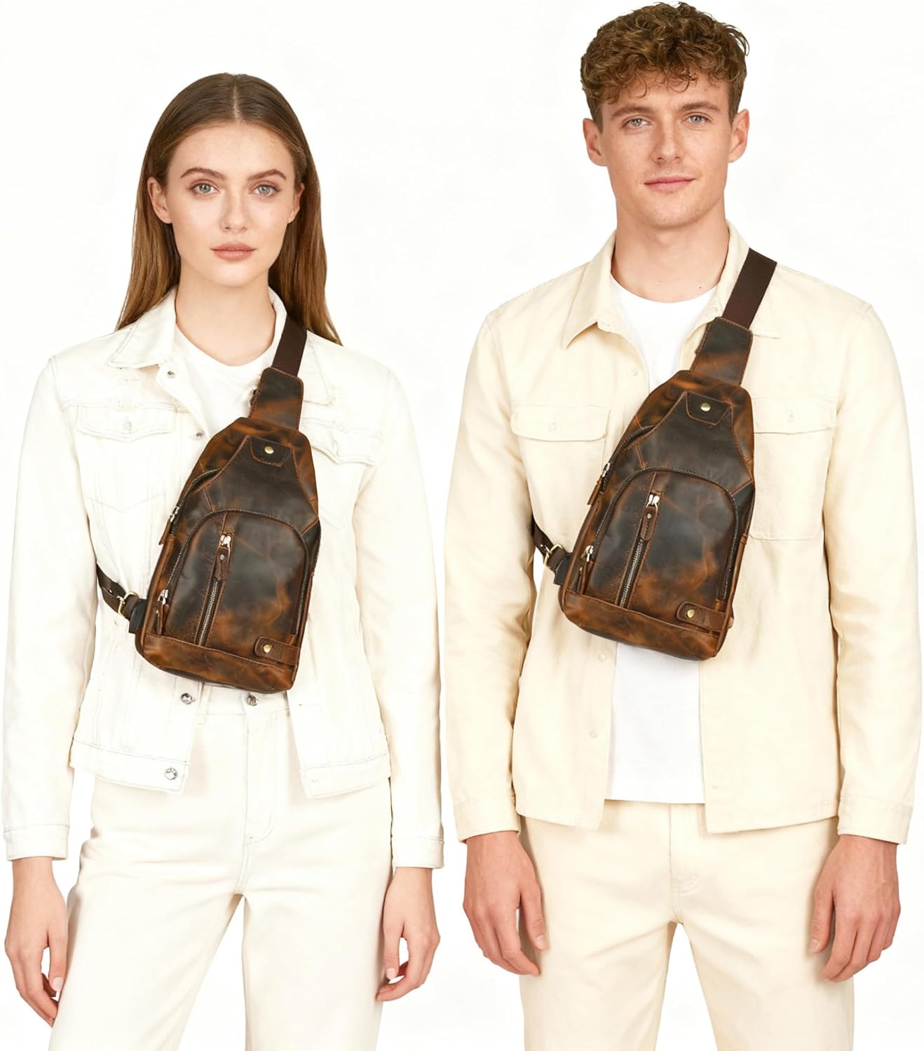 Thick Crazy horse Leather Triangle Crossbody Sling Chest Bag Travel One Shoulder Bag Daypack For Men Male 3028