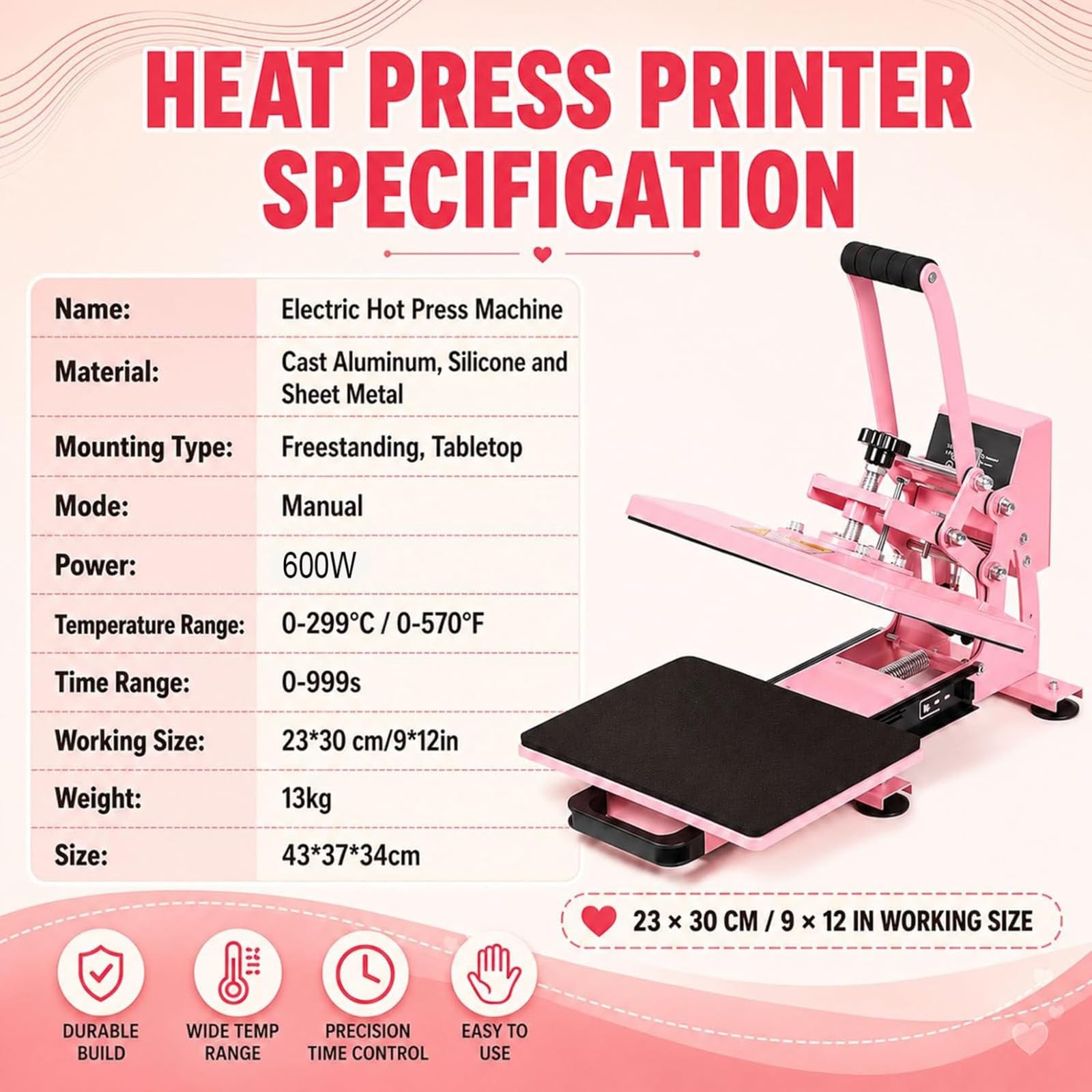 Prensa de Calor 23 * 30 Cm Prensa Textil Prensa de Calor para Camisetas Máquina de Impresión 600 W Multifuncional DIY con Controlador de Tiempo de Temperatura LED Digital 23 * 30cm
