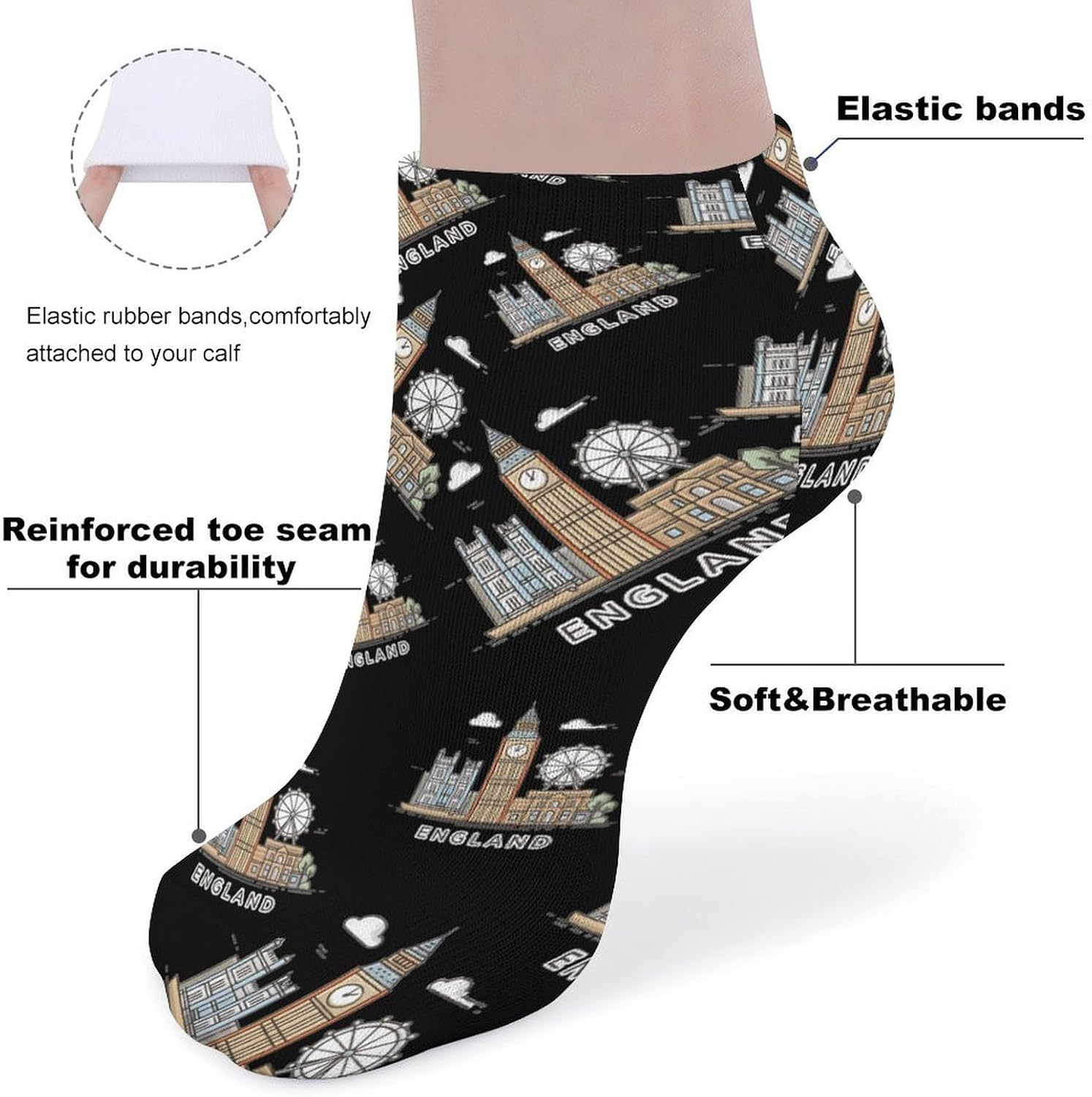 Big Ben London England No Show Ankle Socks Low Cut Non Slip Flat Boat Line 5 Pairs Set