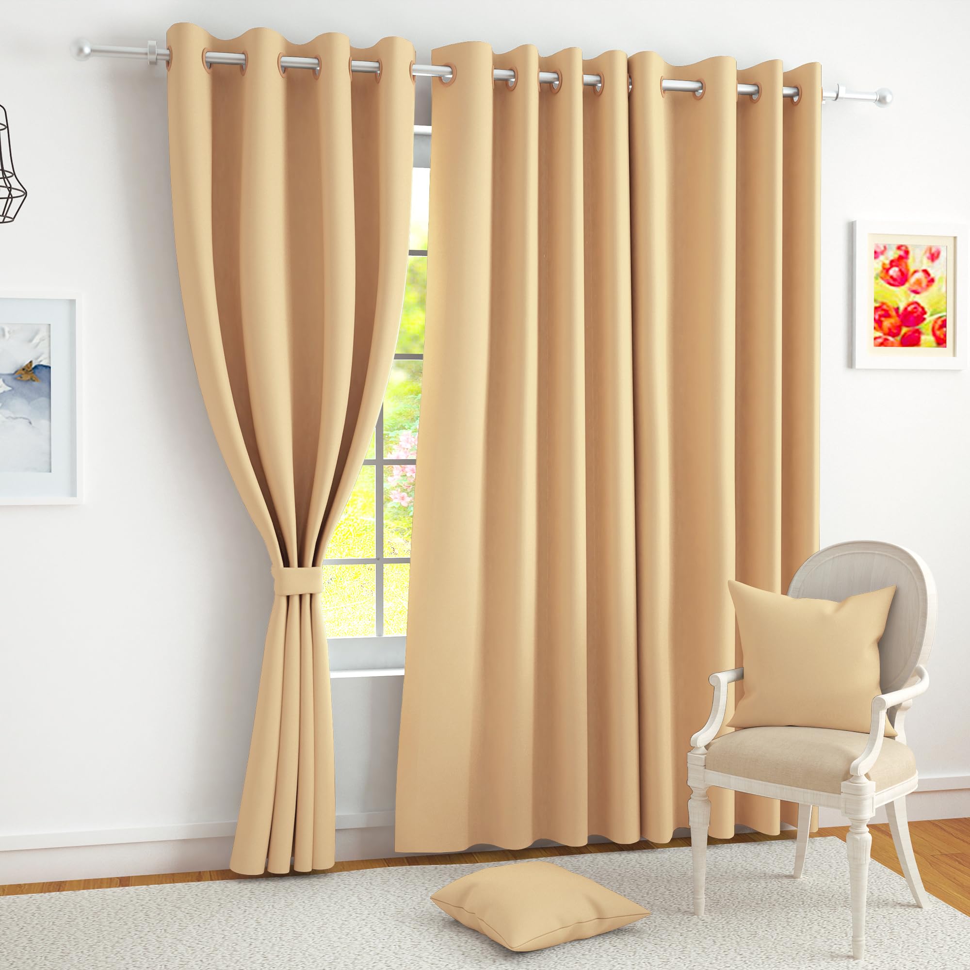 Story@Home 100% True Blackout Door Curtains 7 Feet Long Set of 1 | Plain Design | Room Darkening Curtain | Thermal Insulated Curtains for Living Room, Bedroom | (116 x 215 cm, Tan)