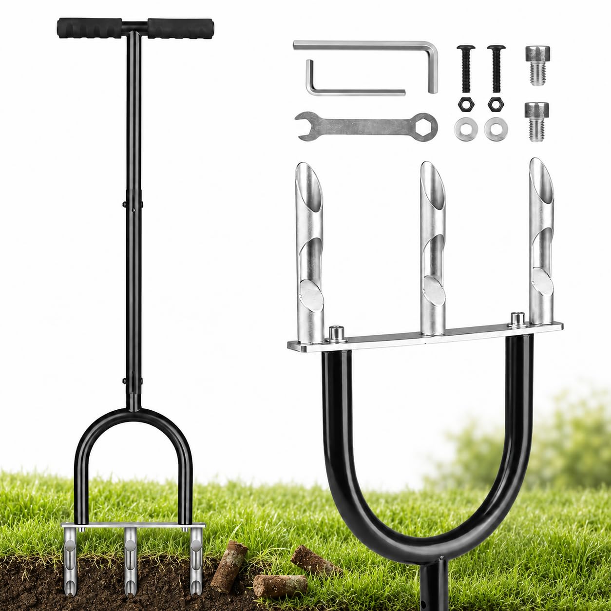 Aérateur de Gazon Manuel Qdreclod, 3 Dents Creuses, Scarificateur Pelouse en Fer Noir, Hauteur Réglable 35-40 Pouces, Poignée T Antidérapante, Outil Jardin pour Cour, Potager et Seniors
