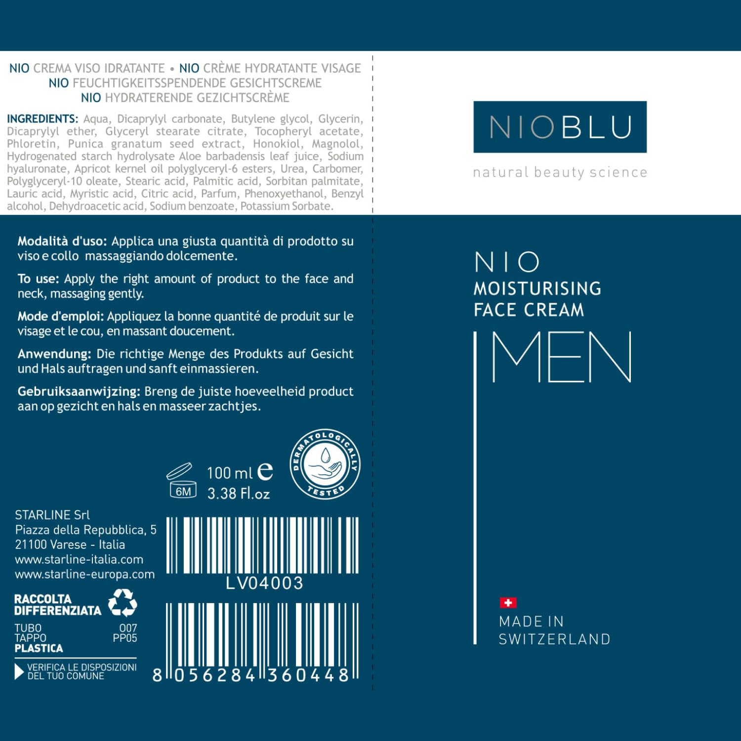 Nio Moisturizing Face Cream – Herren – Leichte Textur – Schnell absorbierend – Feuchtigkeitsspendend – Nährend – Schützend – Natürliche Inhaltsstoffe – Moderne Technologie – 100 ml