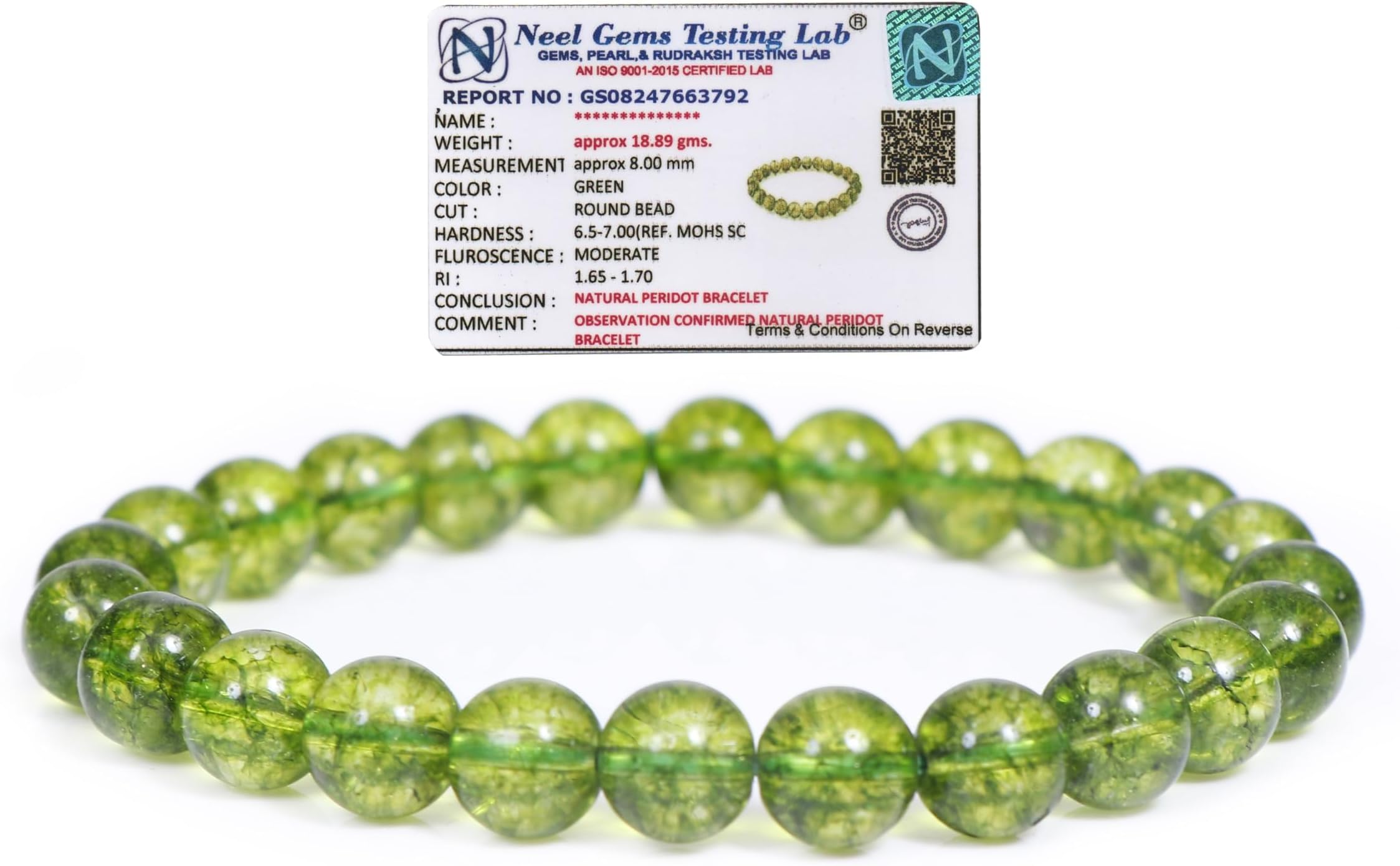 REBUY Peridot Bracelet Crystal Healing Bracelet Gemstone Bracelet Jewelry for Men & Women, Color Green, Bead Size 8 mm, Lab Certificate