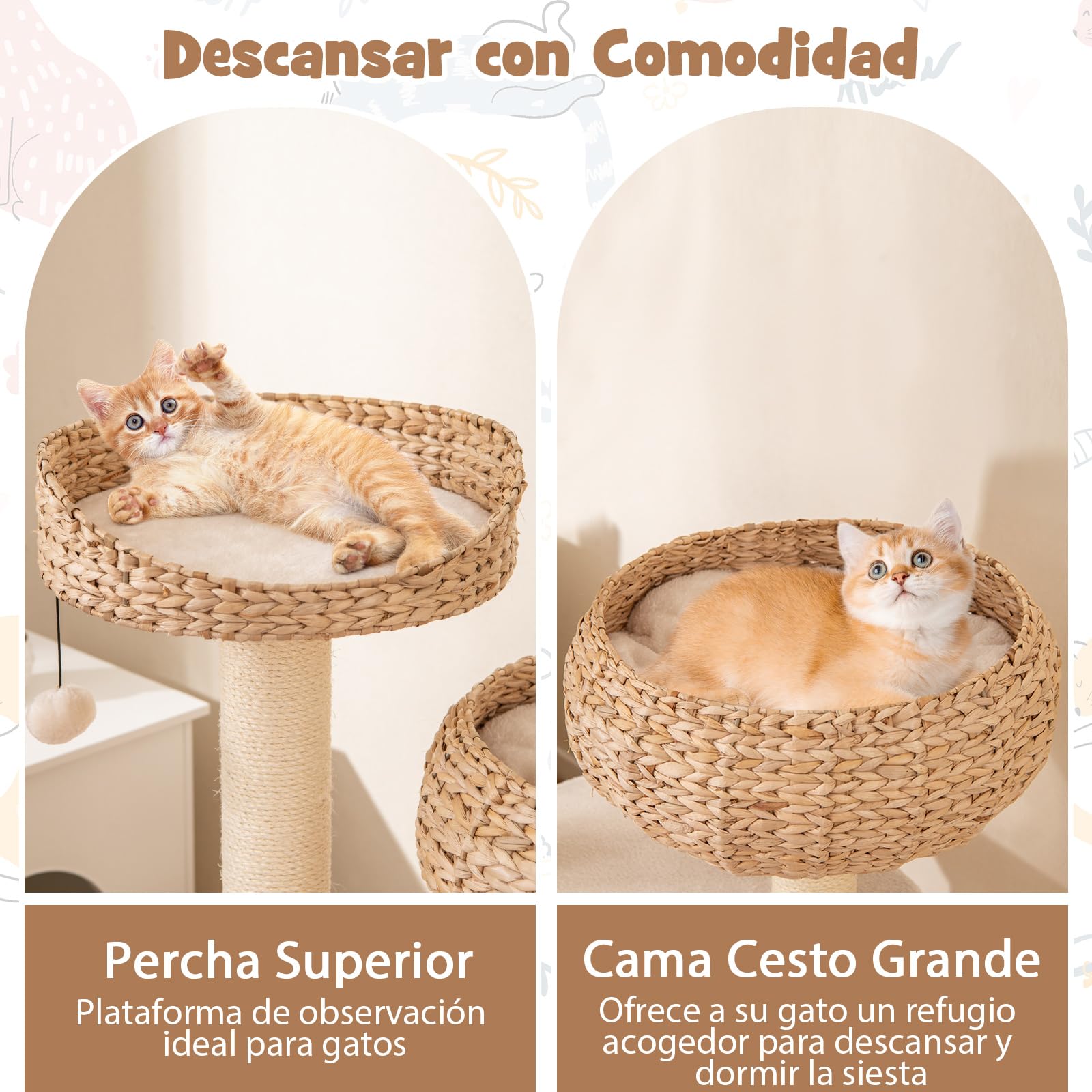 COSTWAY 104 cm Árbol Rascador para Gatos de Interior con Posaderos, Cama, Cesta Hechas a Mano, Juguete Colgando y Cuerda, Palos Rascadores de Sisal, Torre Rascador para Gatos, Casitillo Gato (Beige)
