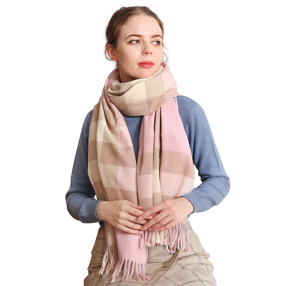 LumiSyne Écharpe à Carreaux Cachemire - Foulard Hiver Doux Et Chaud Avec Gland - Taille XL 200x70cm