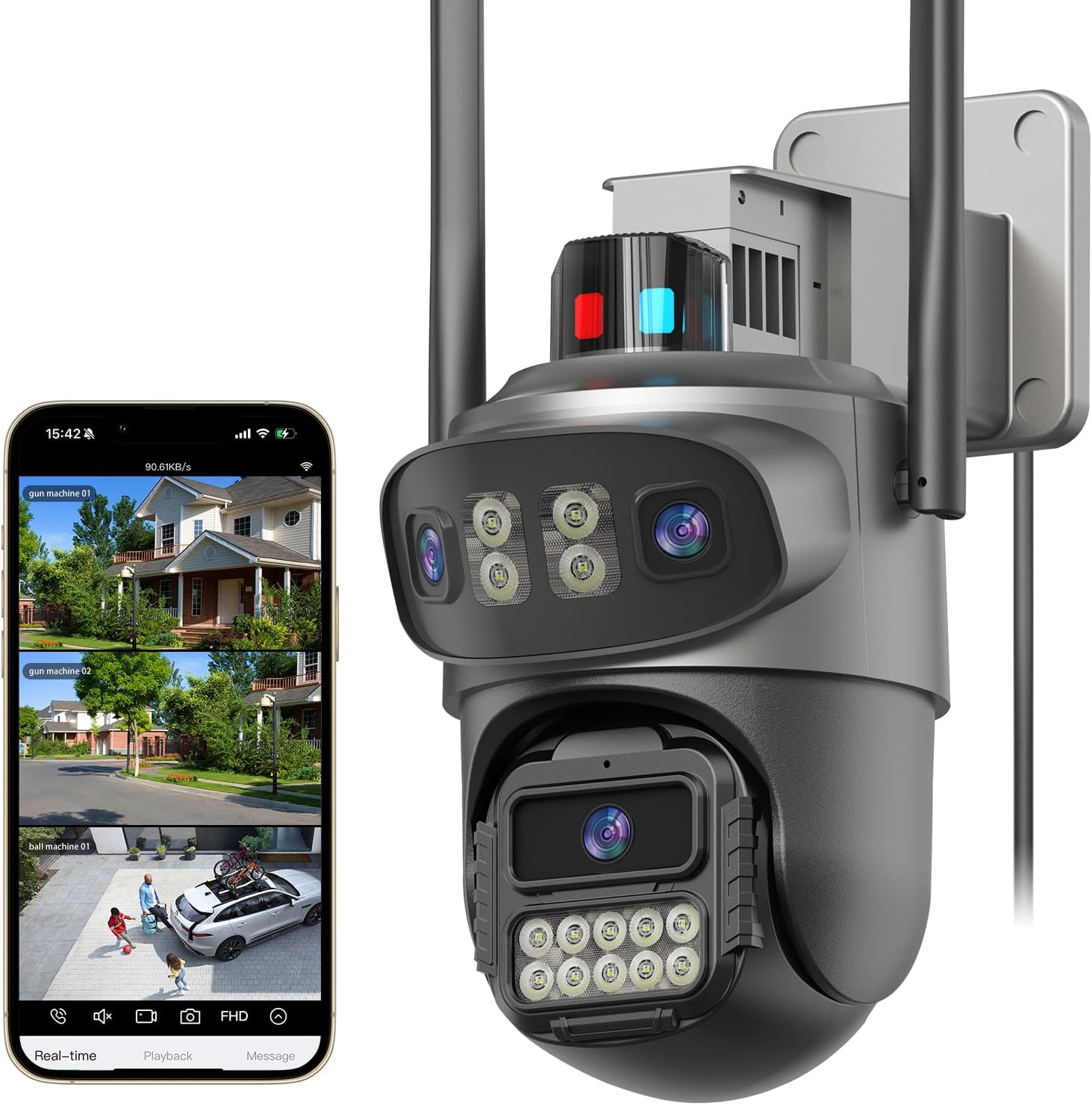 Three Lens Security Camera Outdoor, Outside Cameras for Home Security with Cord, IP66 Waterproof, AI Tracking, Light Alarm, Color Night, 2-Way Talk, 24/7 Record,SD/Cloud