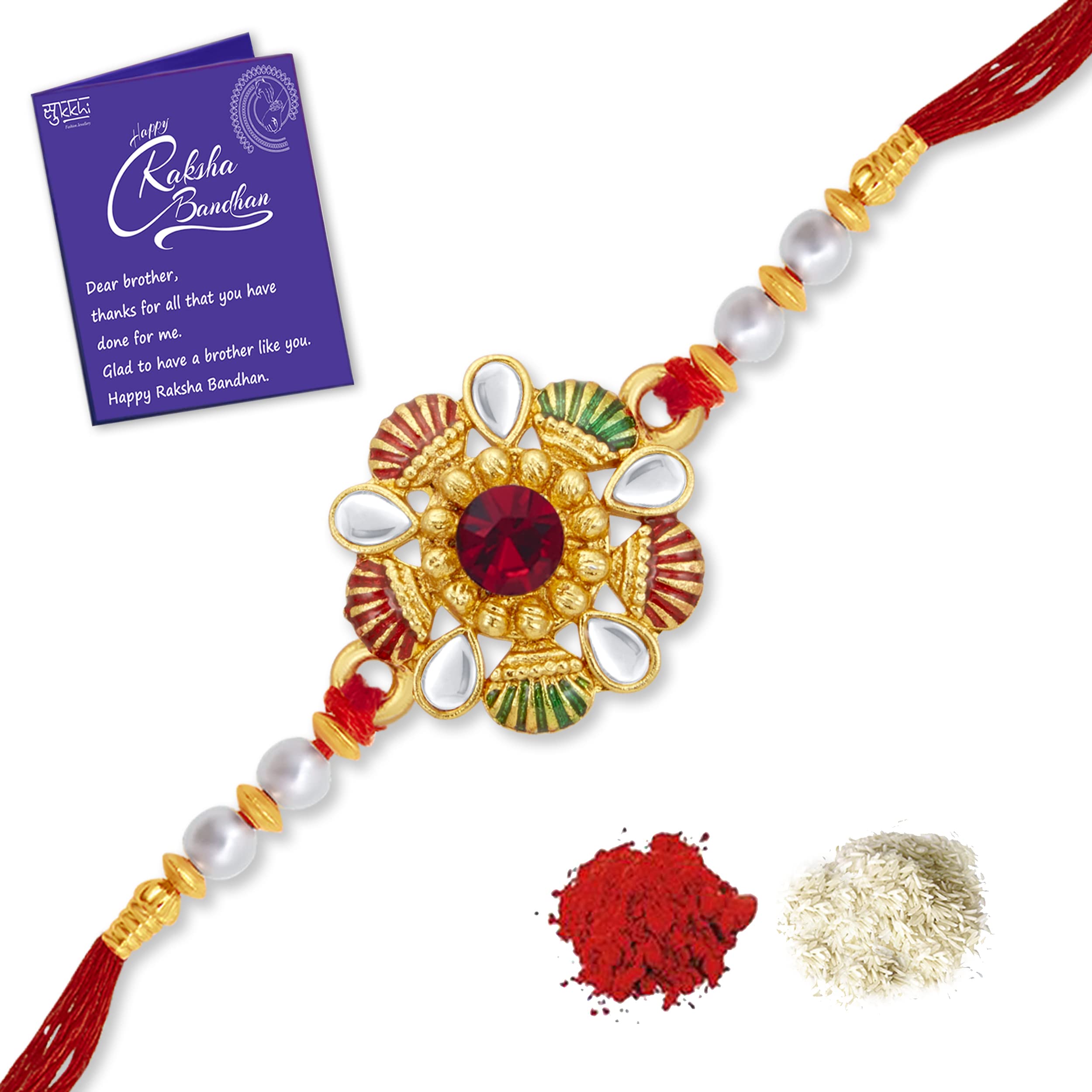 Sukkhi Rakhi Awsome Kundan Designer Gold Plated Premium Rakhi for Brother With Roli Chawal & Greeting Card | Rakhi for Bhaiya | Rakhi for MEN | Kundan Rakhi | (RAK104469) (B0B6393W49) Amazon Price History, Amazon Price Tracker