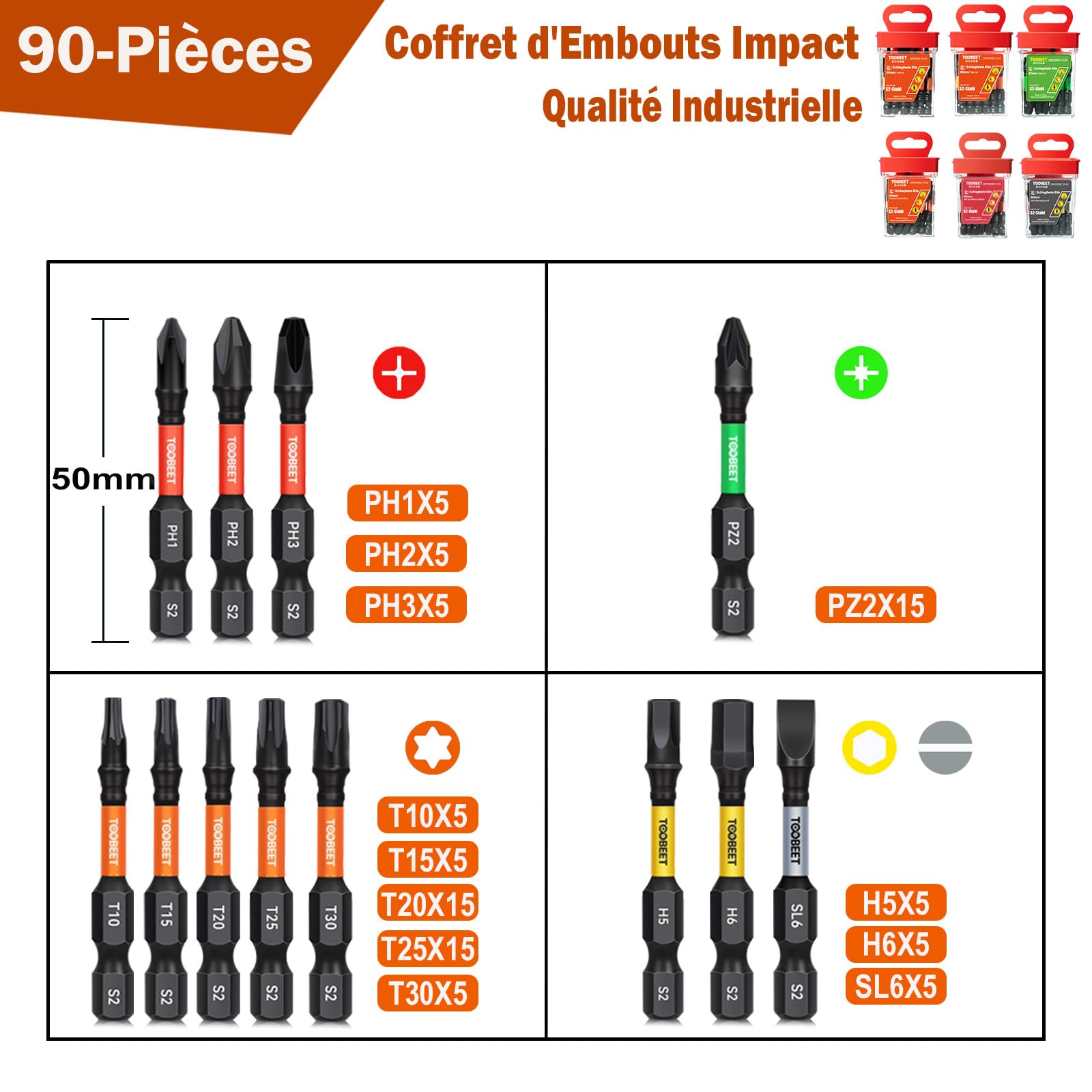 Jeu de 90 Embouts de Vissage Professionnels 50 mm (Torx, PH, PZ, Hex, Fente), Acier S2 Magnétique, Embouts pour Visseuse à Choc, Tige Hexagonale 1/4" avec Boîte de Rangement