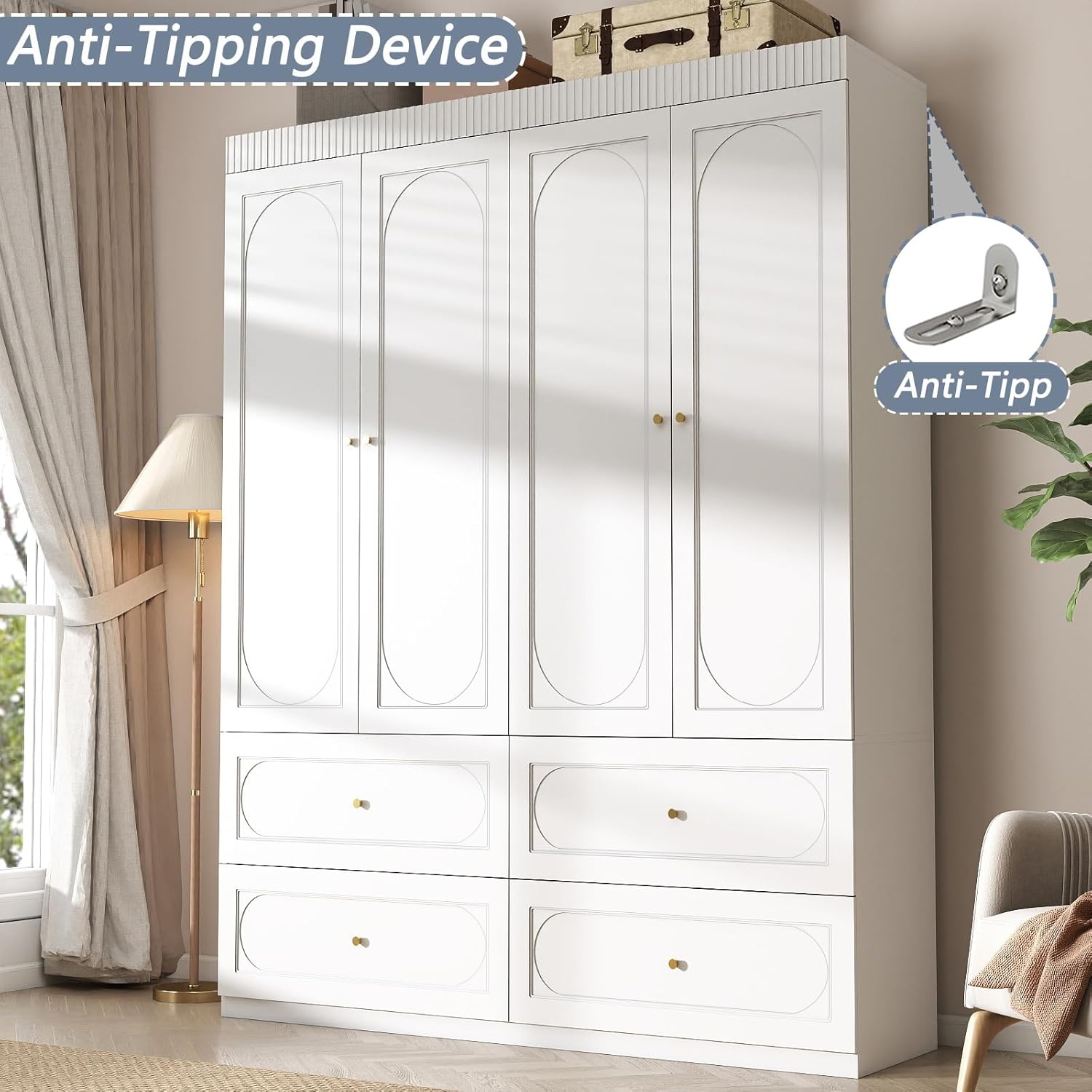 Armoire Wardrobe Closet with Drawers: 74" Large Wardrobe Closet with 4 Doors, White Bedroom Armoires with 4 Drawers, Wooden Closets Cabinet for Hanging Clothes (White)