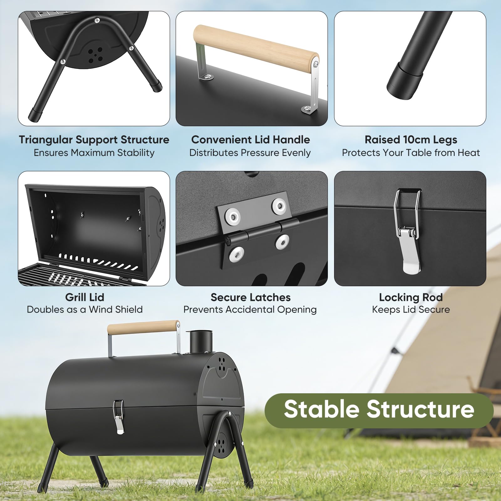 Barbecue portable de camping, barbecue tambour d'extérieur, idéal pour la plage, le camping-car, le jardin et les fêtes. Noir, avec 1 plateau de cuisson et 2 grilles