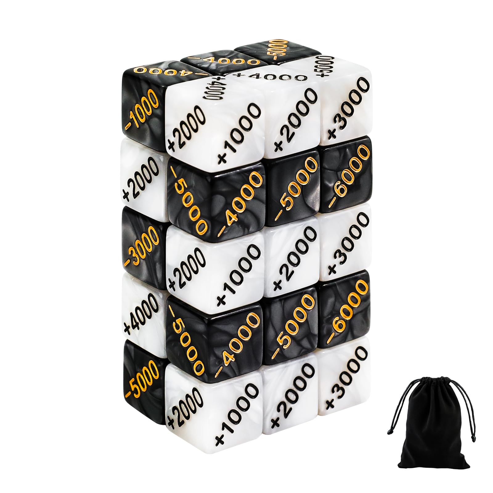 SIXPOINTS 30 Pieces Power Counter Dice Set, 15 Positive (+1000 to +6000) & 15 Negative (-1000 to -6000) Premium Marble Texture Dice, Compatible with One Piece TCG and Card Games Accessories