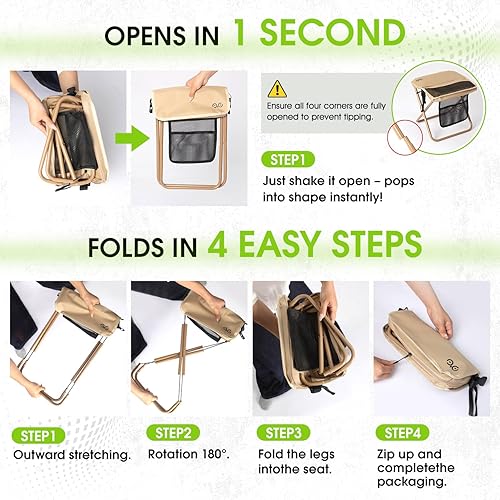 Miniatura 5 de Taburete plegable mejorado, soporte de aleación de aluminio, silla plegable portátil al aire libre con bolsillo para cola, pesca, excursiones de