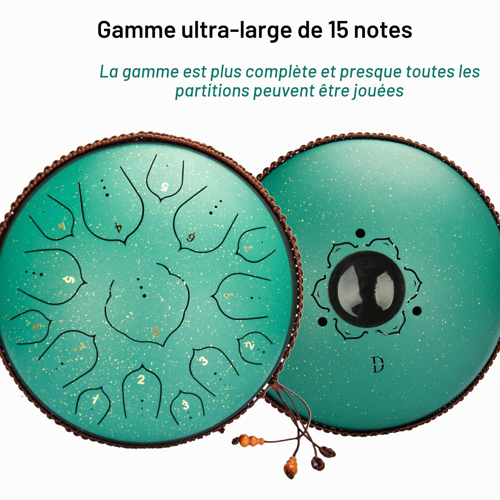 Steel Tongue Drum 15 Tons 14 Pouces Tambour à Langue en Acier Kit Handpan Percussion Instrument Tambour à Main Enfant et Adulte avec Maillets e Sacs portables Pour Yoga, zen, Méditation