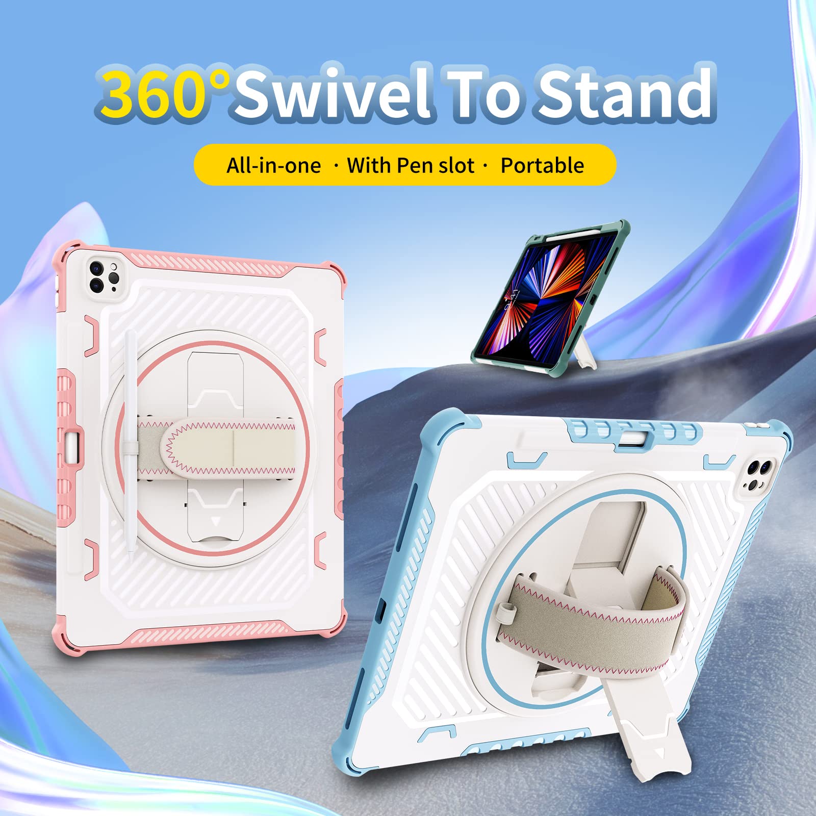 Coque antichoc pour iPad Pro 12.9 2022/2021/2020/2018, coque de protection robuste double couche pour iPad Pro 12,9" 6e/5e génération, dragonne avec support à 360° + bandoulière, blanc