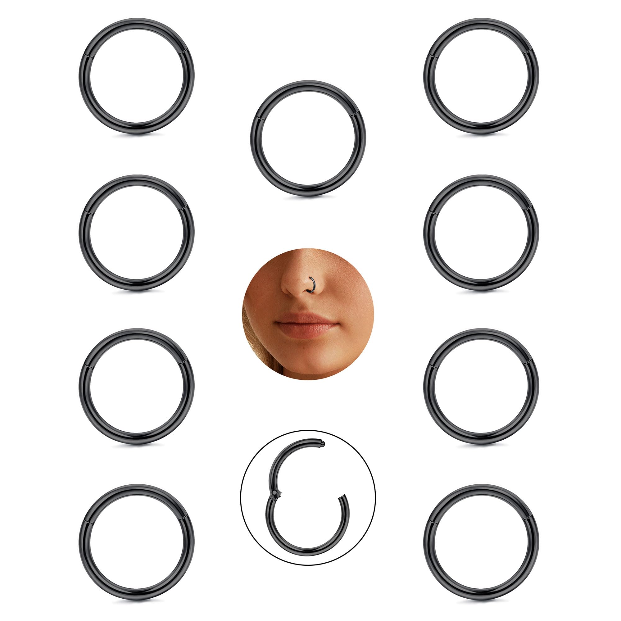 CASSIECA 9pcs 16G Piercing Nariz Anillos Piercing Nariz Aro 316L Acero Quirúrgico Septum Anillo Piercing Nariz Oreja Labio Piercing Helix Pendientes Aro Tragus Conch Daith Rook Pendientes 8mm/10mm