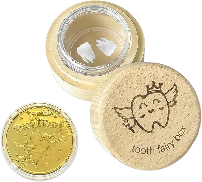 Tooth Fairy Box Gifts for Girls Boys First Tooth Keepsake Box Fairy Gifts | Tooth Fairy Box Coin Transparent Jar and Reward Coins,Wood Kids tooth Keepsake Box for Lost Teeth Kids Birthday Gifts