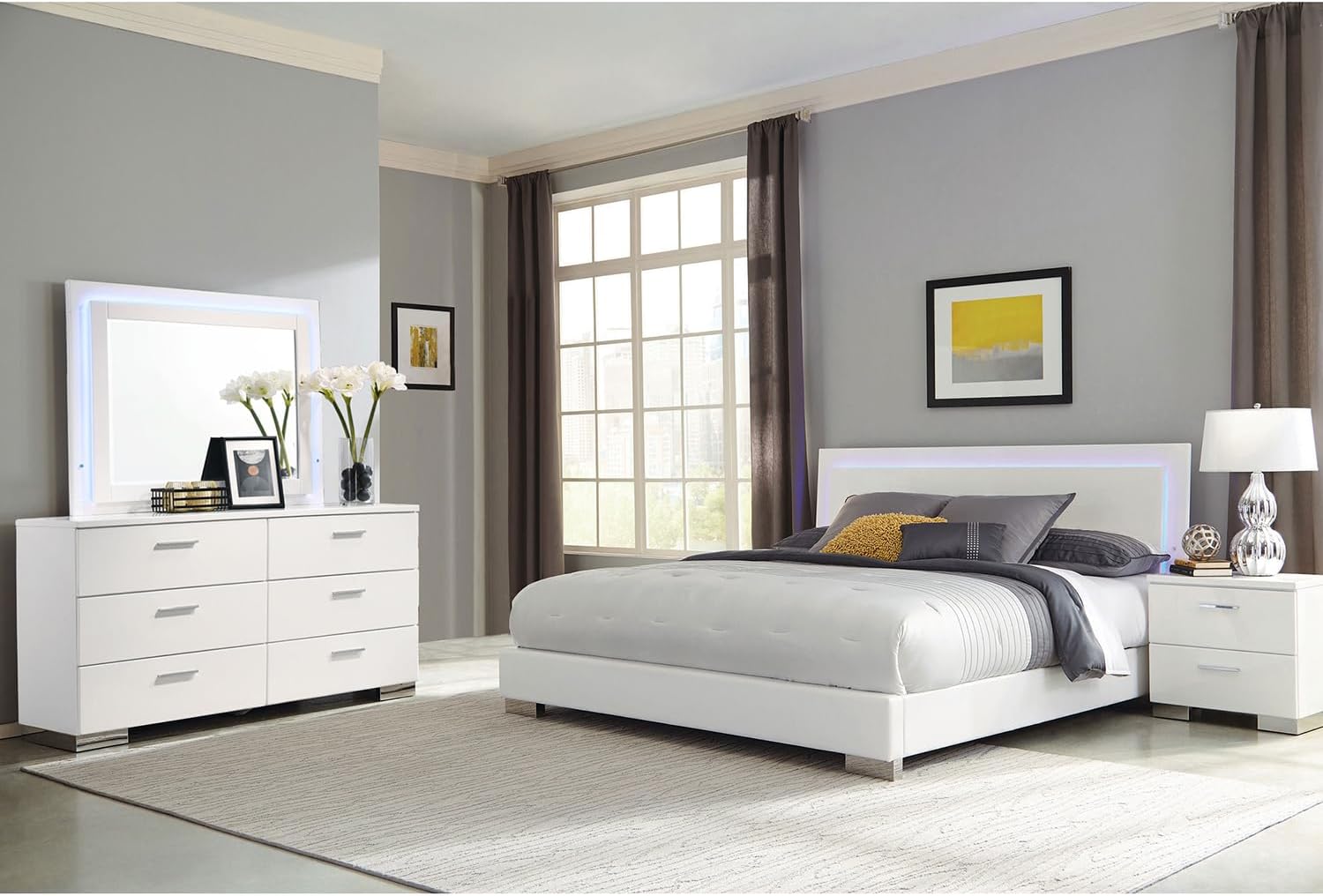 Dulcey White High Gloss 4-Piece Eastern King Bedroom Set - Wood Gloss White - LED Lighted Bed Frame - Bedroom Decor - Modern Elegance
