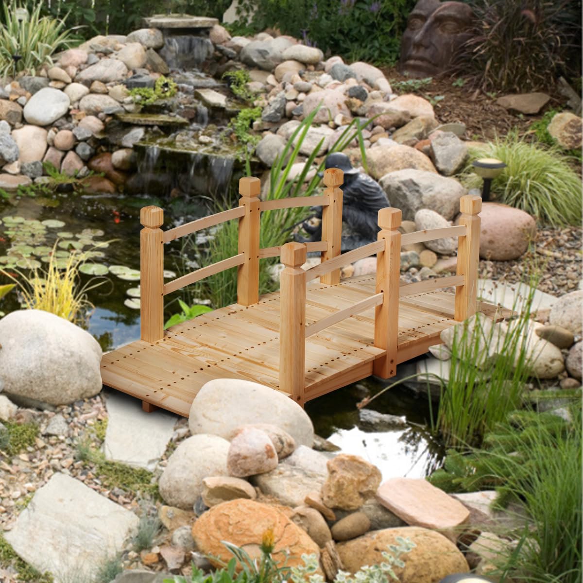 SOARS Puente de Jardín Madera con Barandilla, Puente de Pie Decorativo de Abeto con Capacidad de Carga de hasta 100 Kg, 150 x 67 x 55 cm cm, Puente Decorativo para Jardín, Estanque y Arroyo