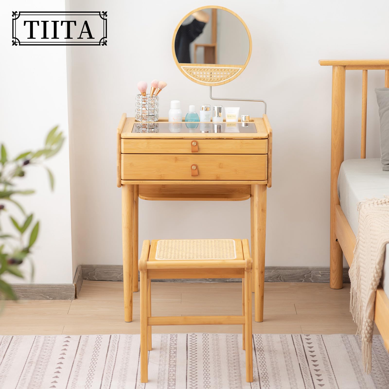 Escritorio de tocador, mesa de tocador de maquillaje con espejo, tocador con 2 cajones, moderna madera para dormitorio, tocador vintage para mujeres y niñas 6