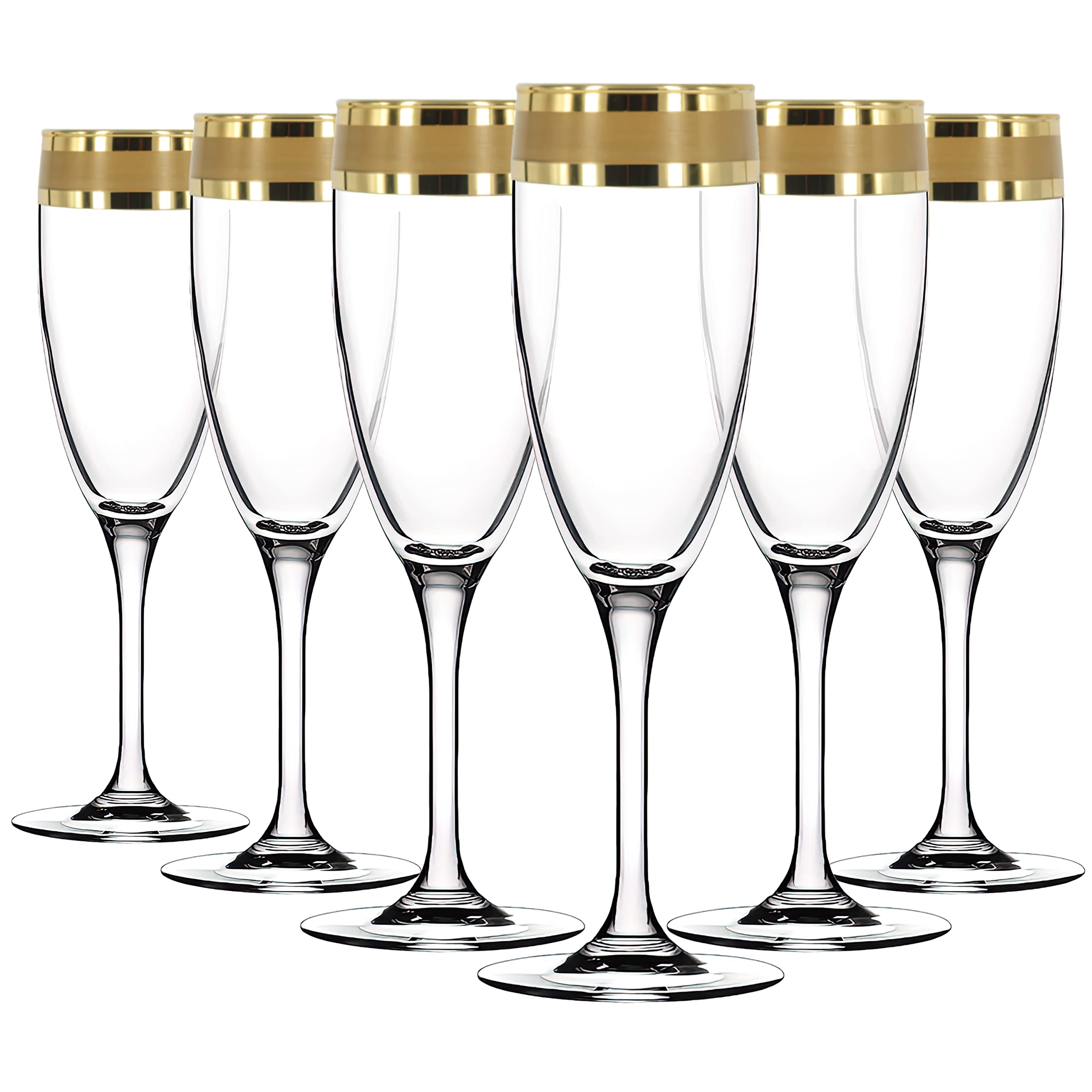 Roman Deluxe Champagne Glasses Set of 6 with Gold Rim for Engagement, Wedding, New Home, Box Gift Set for Women or Men, for Couples, 180ml, Champagne Flutes (Modern Gold Ornament - 6pcs)