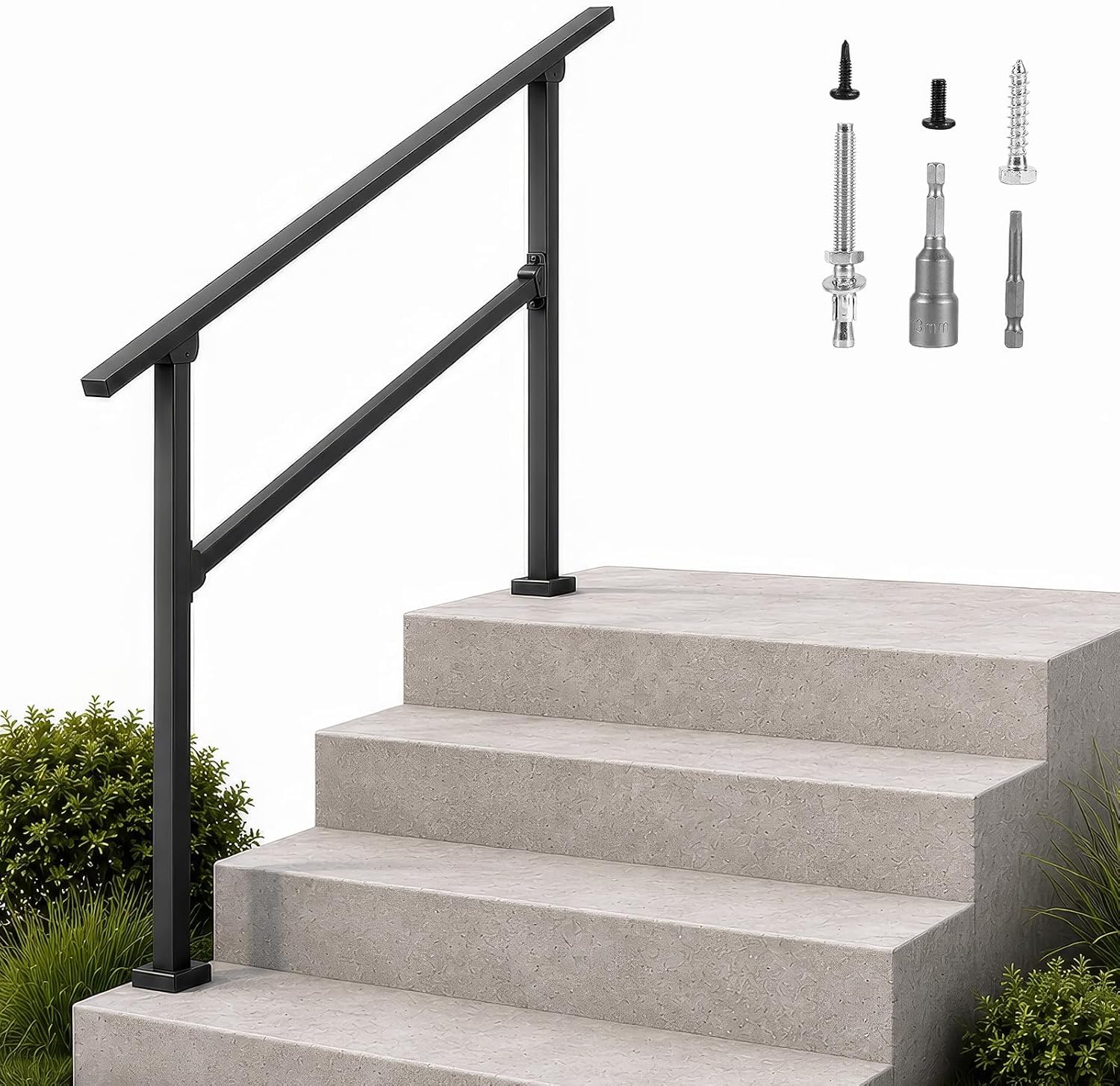 Adjustable Outdoor Handrails for Stairs, 127.5 cm Stair Rail Kit, 3-4 Steps