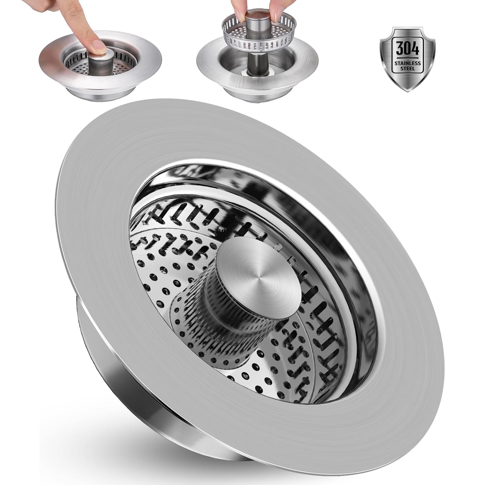 3in1 Kitchen Sink Drain Strainer, 304 Stainless Steel Pop Up Sink Stopper with Basket Filter, Anti-Clogging Sink Drain Strainer for 89mm