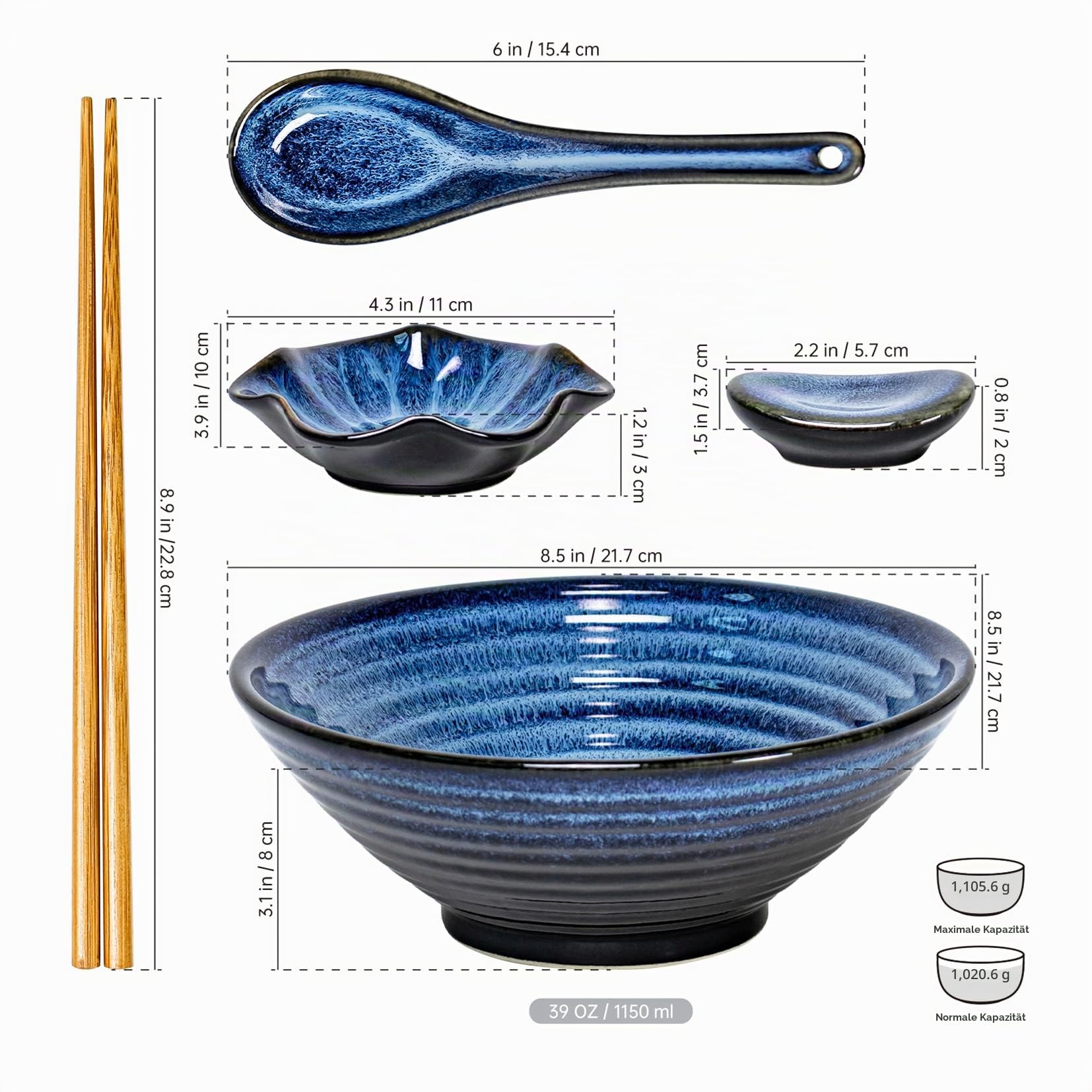 UNICASA Ramen Schüssel Set, Keramik Ramen Bowl Set mit 2X Schüssel, Essstäbchen, Keramiklöffel, Essstäbchenablage, Traditionell Japanisches Geschirr Set, Blue