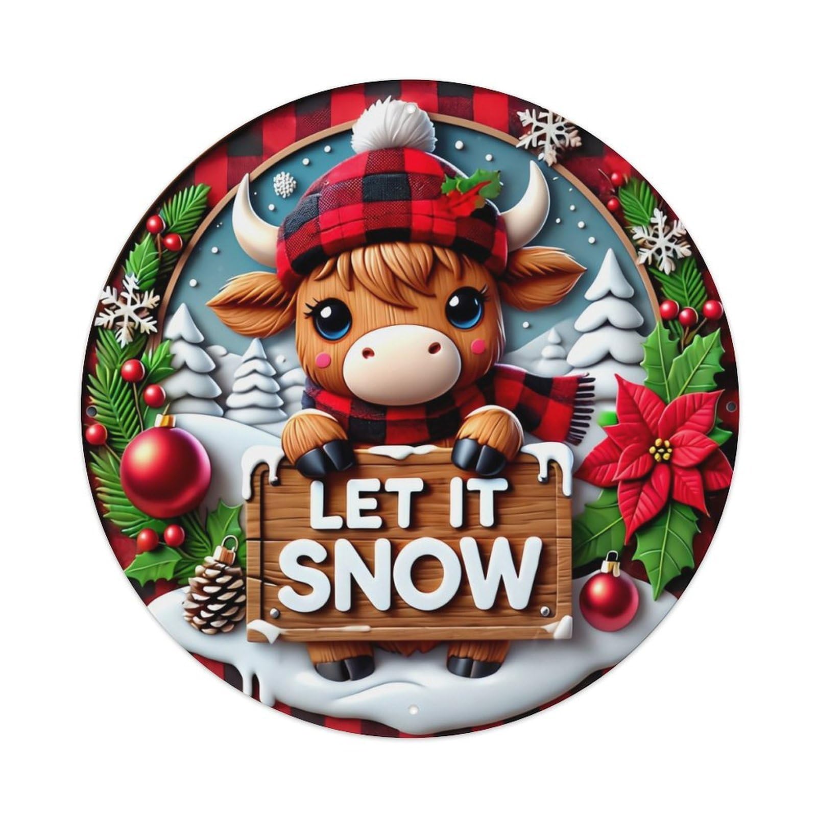 Christmas Cow Snowflake Poinsettia Ornament Retro Metal Sign Round Tin Sign, Vintage Decor Art Poster for Bar, Home, Man Cave, Kitchen, Laundry Room Gift 8x8Inch