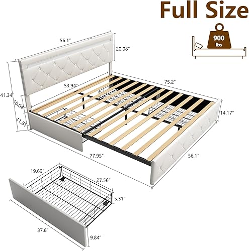 Miniatura 2 de Base de cama tamaño full con 4 cajones y luz LED, estación de carga, cama de plataforma de almacenamiento tapizada en cuero PU con cabecera