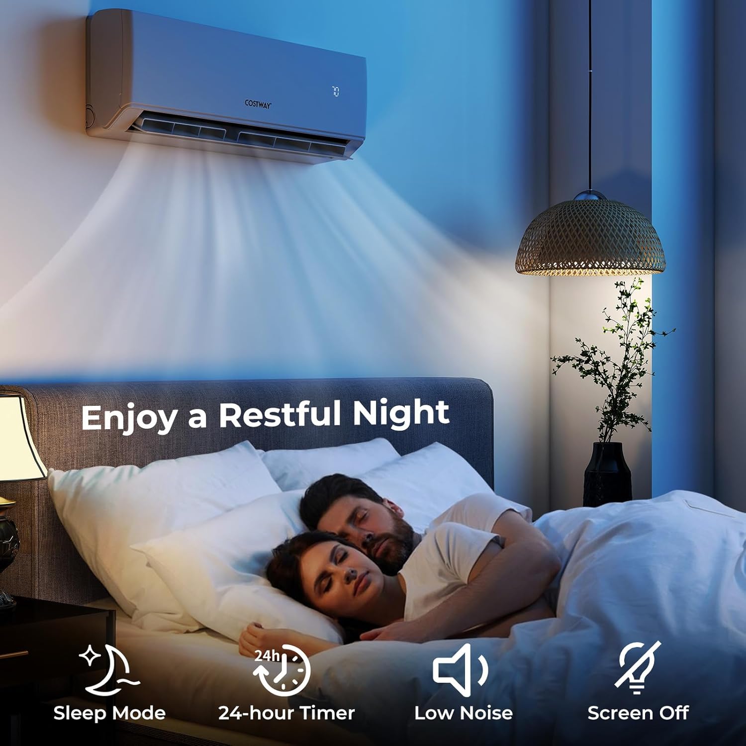 Couple sleeping peacefully with the AC unit in quiet sleep mode.