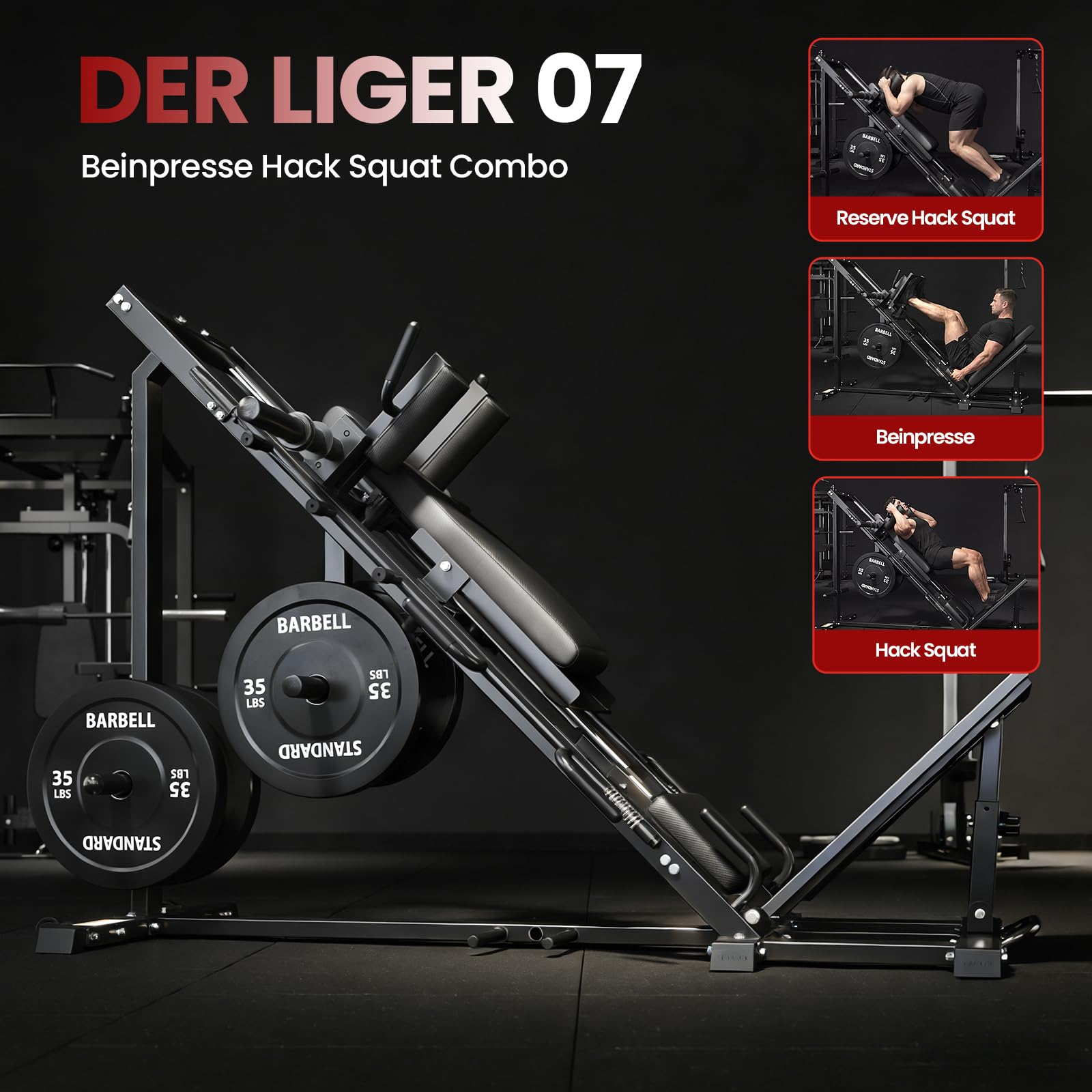 Beinpresse Hack Squat Kombigerät mit Linearführung – 45° Unterkörpertraining mit Gewichtsablage für Quadrizeps, Hamstrings, Gesäß & Waden – Home Gym Leg Day Equipment