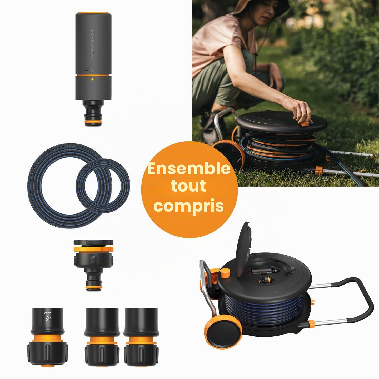 Fiskars Devidoir XL avec Roues, Set d'Arrosage Tout-en-1, Tuyau de 31,5 m