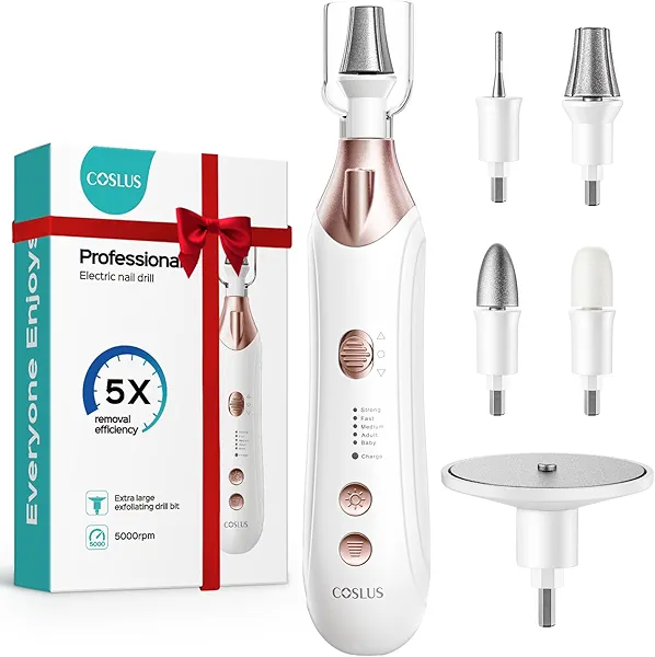 COSLUS Professional Manicure Pedicure Kit, 5-in-1 Electric Nail File for Toenail Hand Feet Care - Wider Grinder for Thick Nails, Cordless, 5 Speed, for Men Women Seniors Home Salon, White, C43(END10)