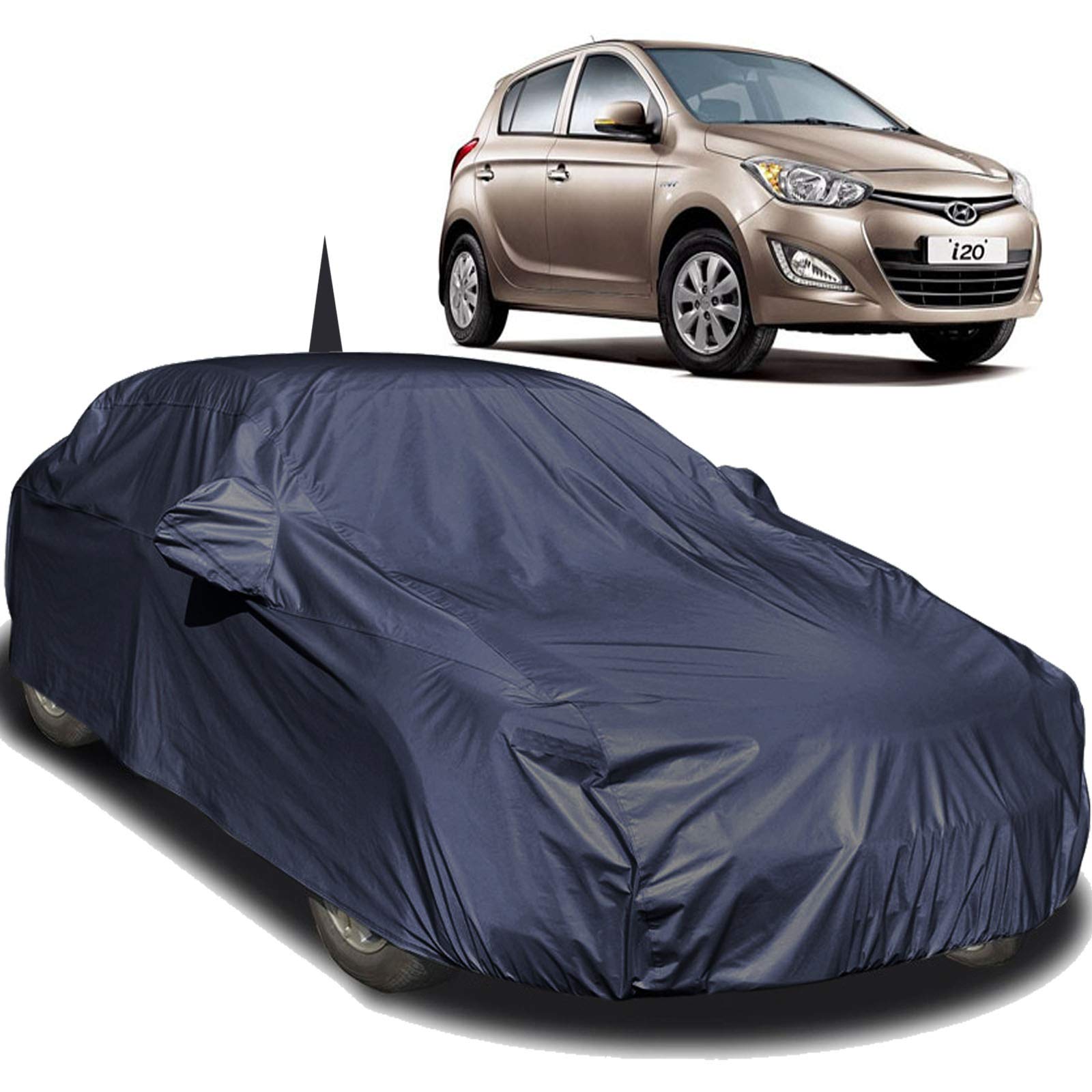 Autofact Car Body Cover Compatible for Hyundai I20 Old Model (2008/2009 / 2010/2011 / 2012/2013 / 2014) with Mirror and Antenna Pockets (Navy Blue)