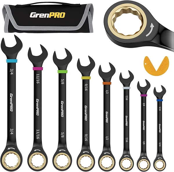 GRENPRO Ratchet Wrenches Set, Ratcheting Wrench Set, 9PC Sae 5/16 to 3/4 72Th Long Box Open End Ratchet Wrench Organizer With Color Ring With Roll Up Pouch With Gauge, Big Combination Wrench Tool Sets