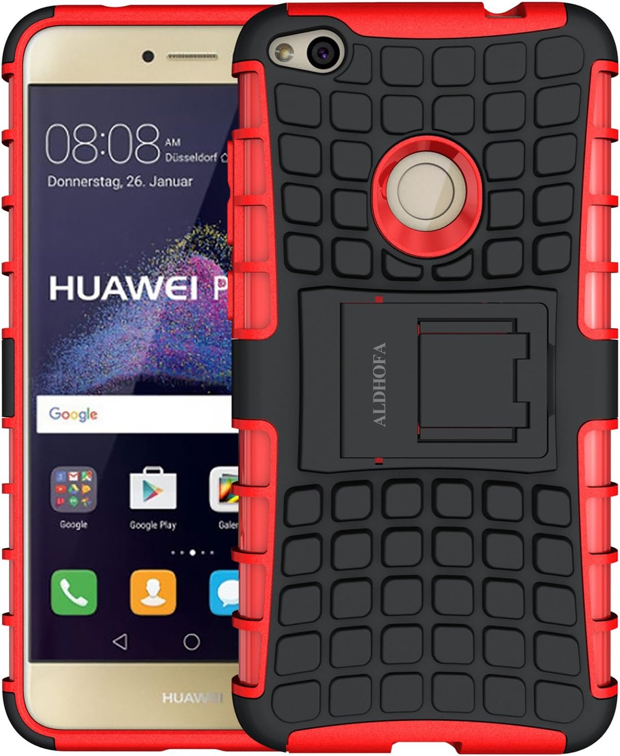 ALDHOFA Shock Absorber TPU Bumper Fall Protection Hard Case with Stand for Huawei P8 Lite 2017 Red