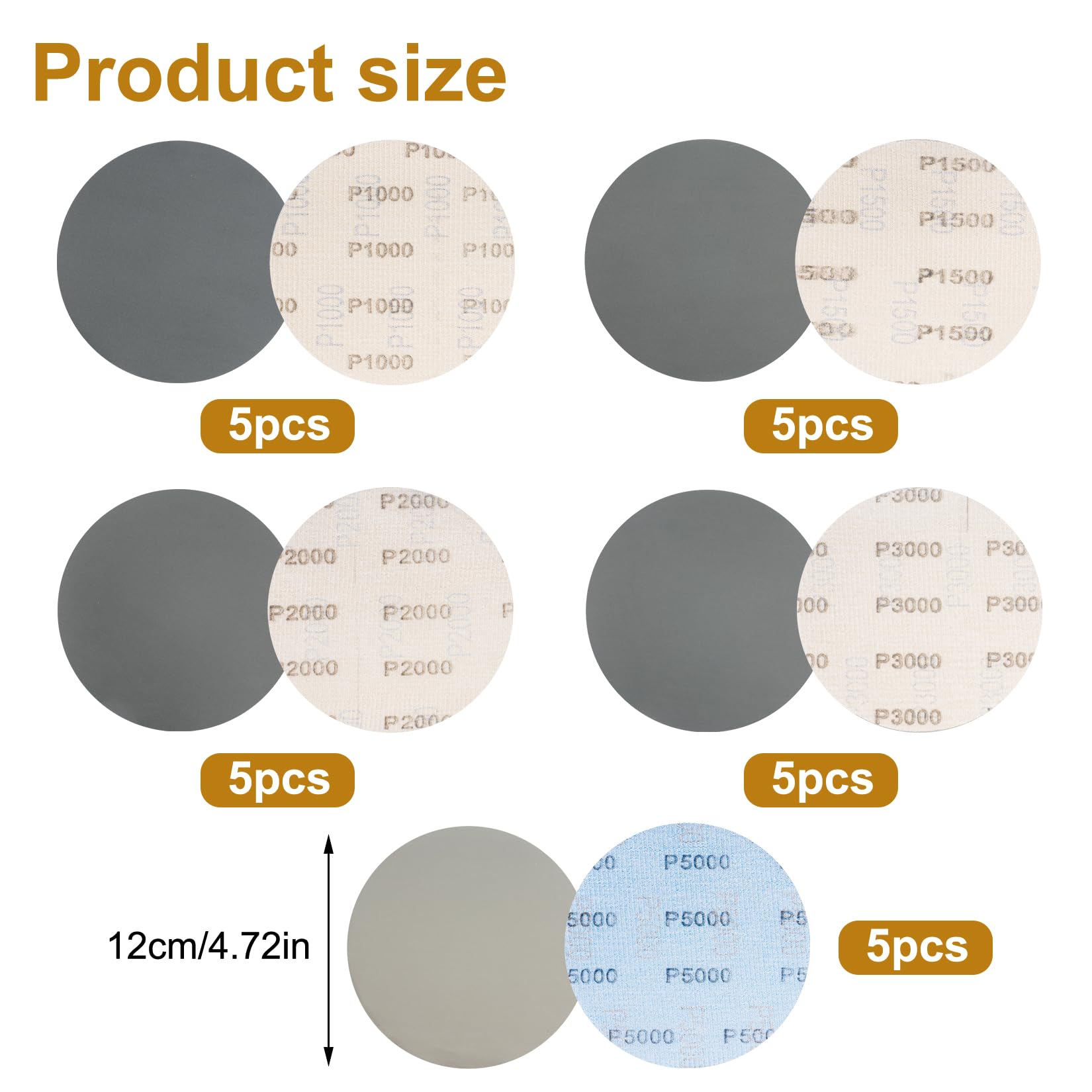 25 Pz Dischi Abrasivi 120mm, Dischi di Carta Abrasiva a Umido/Secco Grana 10001500/2000/3000/5000, Disco Abrasivo per Smerigliatrice lucidatura metallo e legno