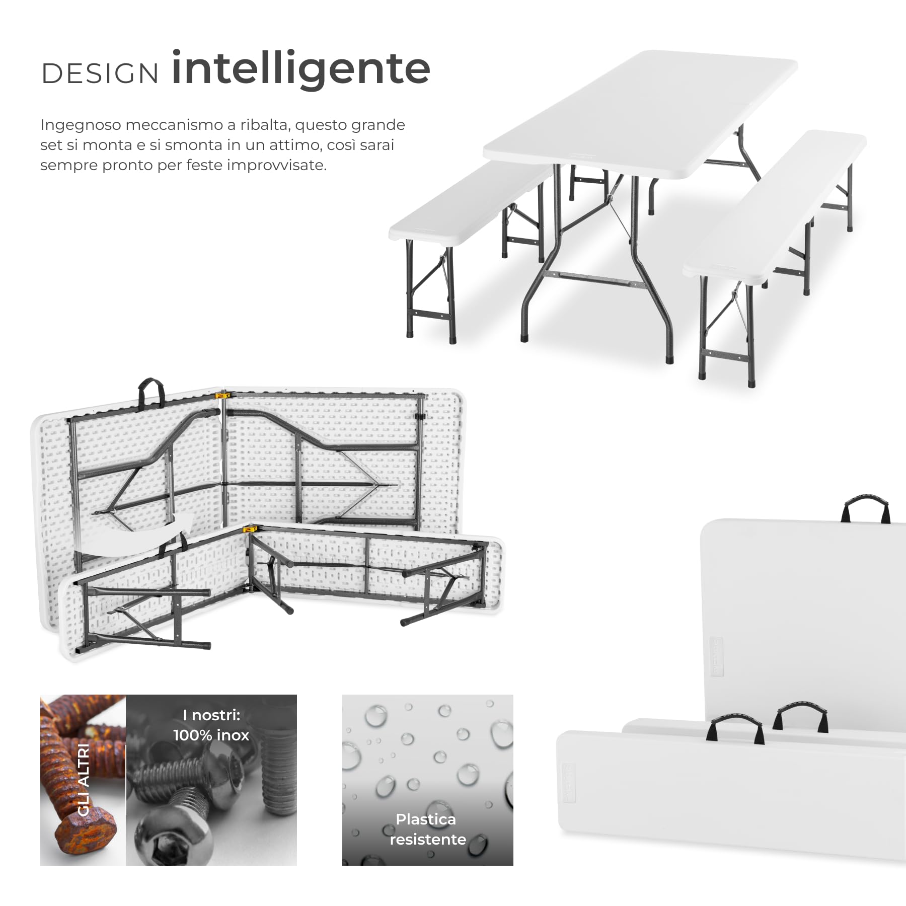 tectake® Set Tavolo da esterno e 2 Panche Pieghevoli, Set Tavolo Pieghevole da Campeggio e 2x Panca da Esterno, Ripiegabile a forma di Valigia, Blocco di sicurezza, Struttura in Acciaio - Bianco