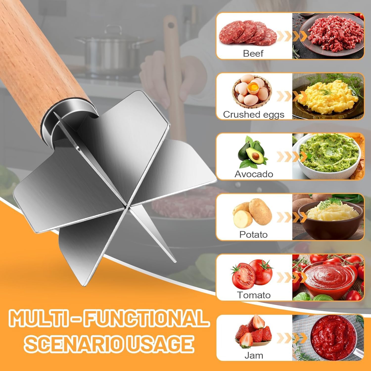 Picadora de Carne Manual de Acero Inoxidable - Desmenuzador de Pollo y Patatas Multifuncional, Machacador para Hamburguesas, Puré de Verduras, Utensilio de Cocina para Asar y Cocinar